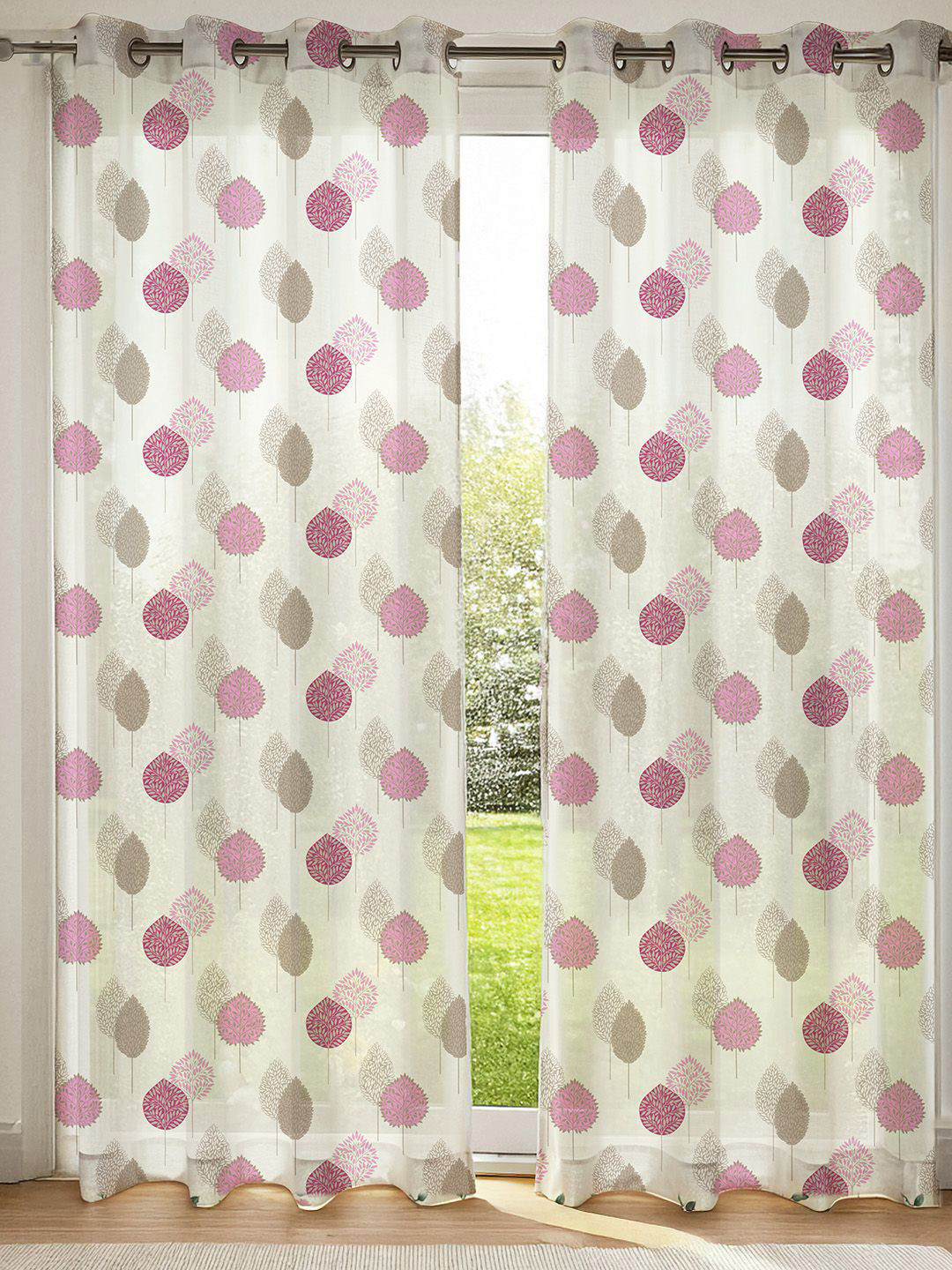 URBAN SPACE White & Pink 2 Pieces Leaf Printed Sheer Window Curtains