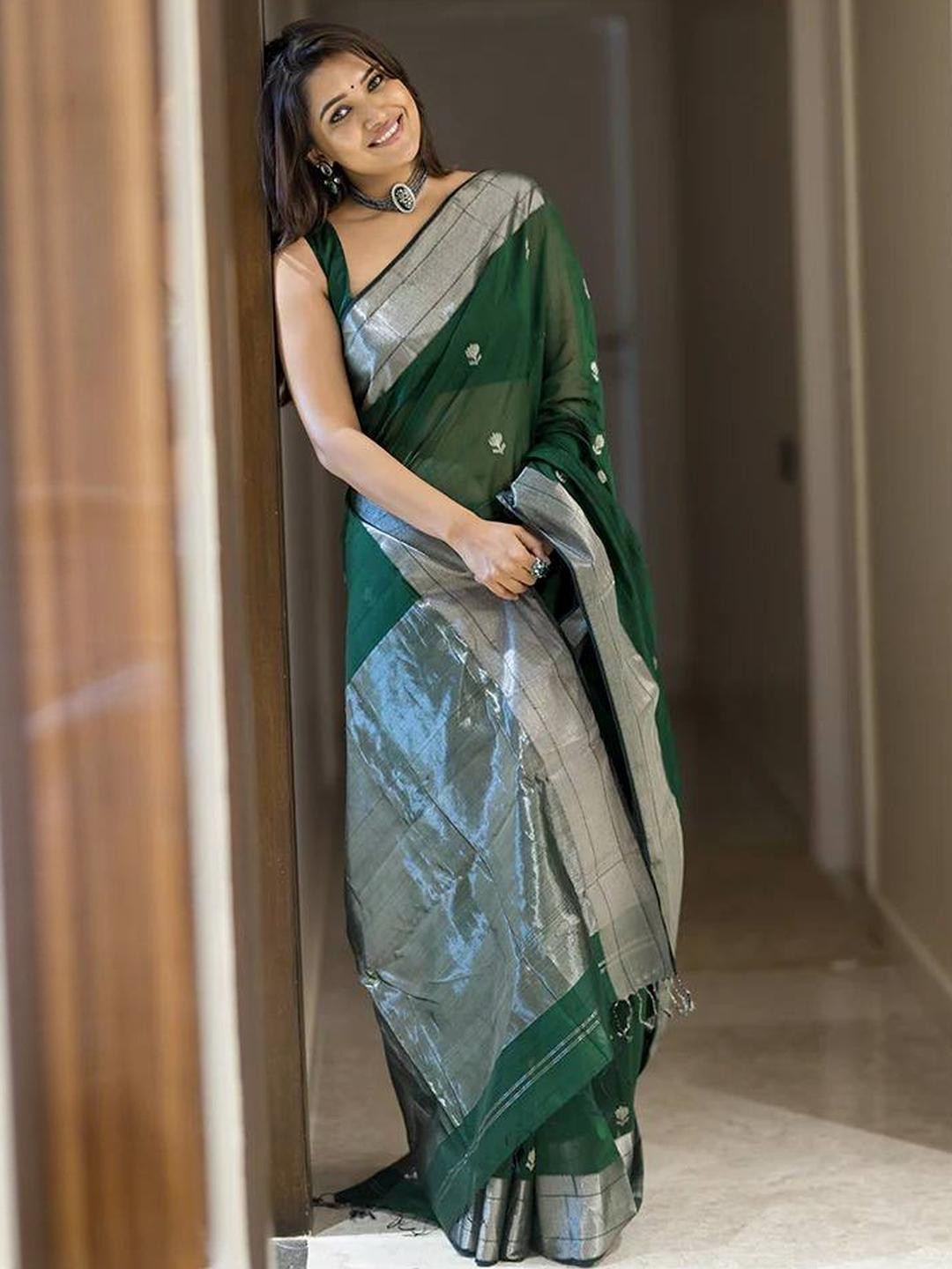 GHAN SALS Green Silk Blend Woven Design Sarees
