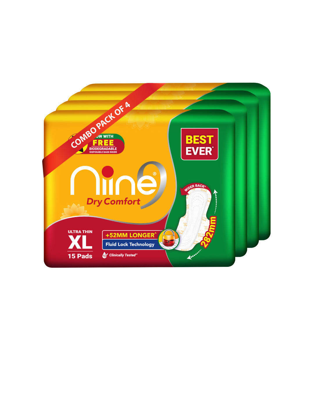 Niine Set of 4 XL Dry Comfort Ultra Thin Antileak Pads With Disposable Bags 60 Pads