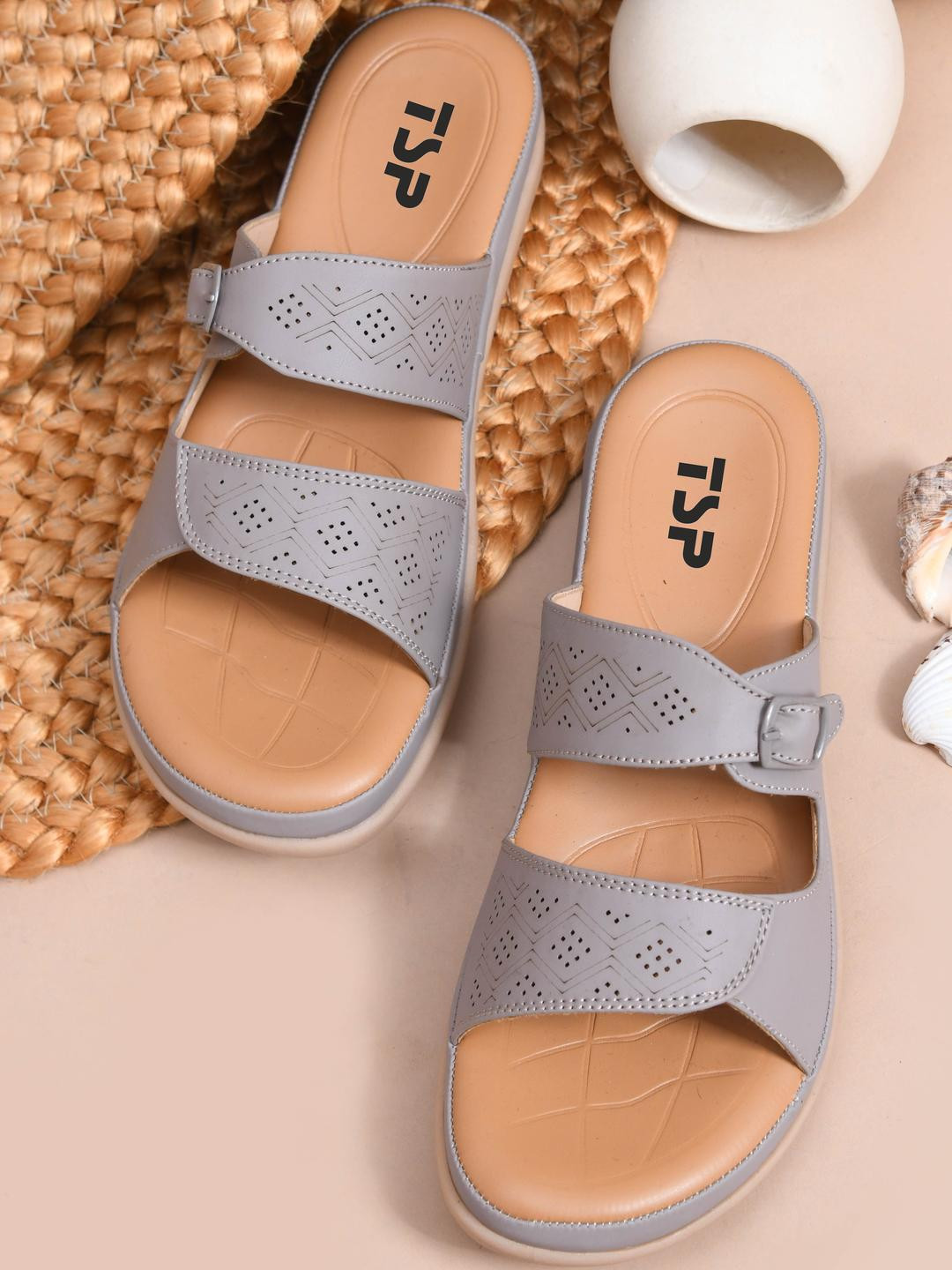 THE STHAPAK BLESS YOUR FEET Women Grey Open Toe Slip-On Synthetic Leather Flats