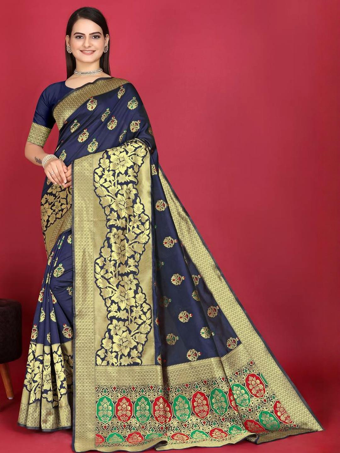 Sita Navy Blue Silk Blend Woven Design Sarees
