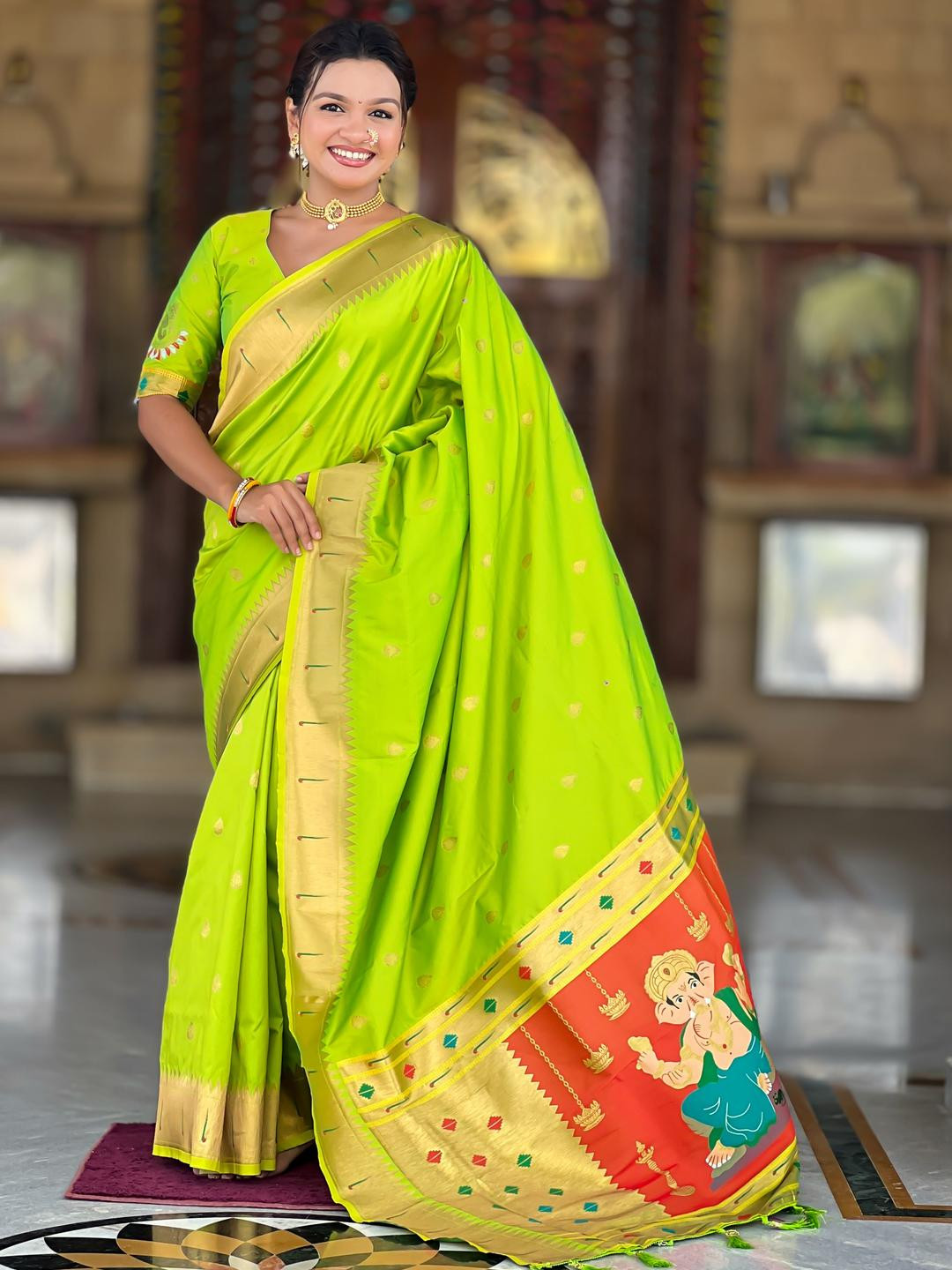 Kriyansh Lime Green Cotton Blend Woven Design Sarees