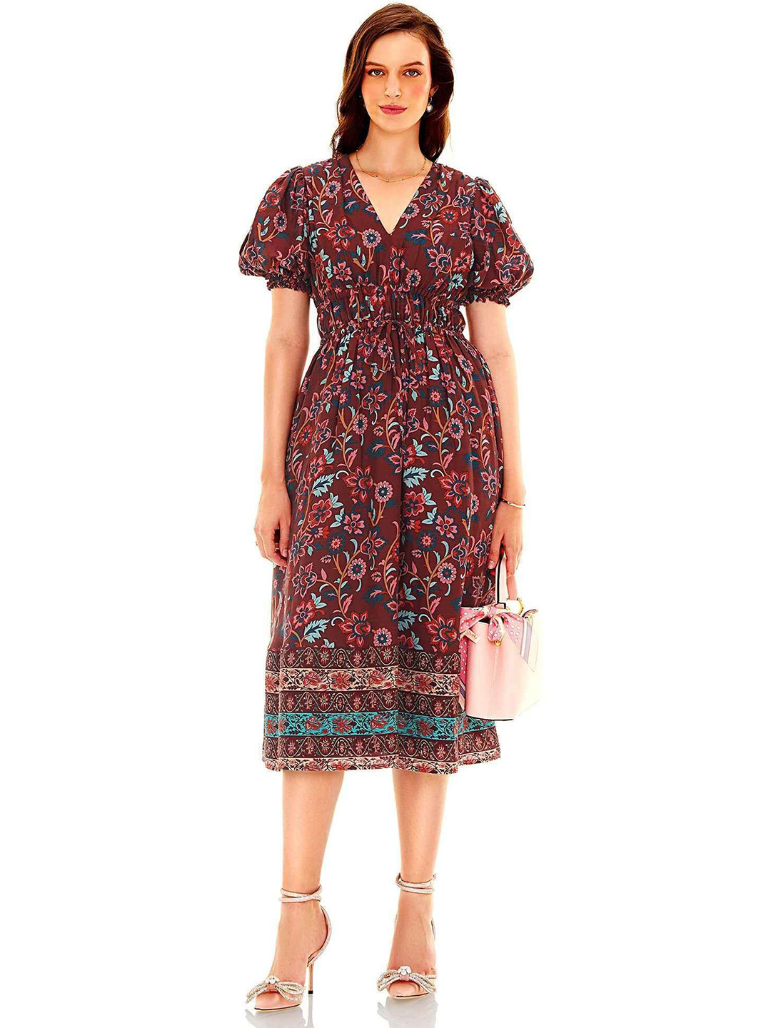PRETTY PIXIE Floral Print Puff Sleeve Fit & Flare Midi Dress