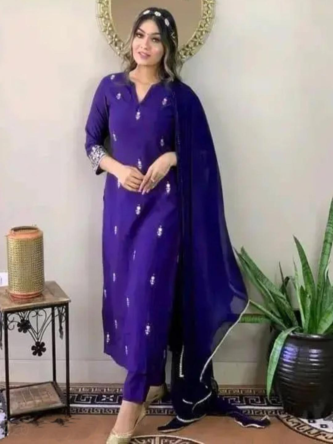 ANJANA NX Women Purple Viscose Rayon Embroidered Kurta Sets
