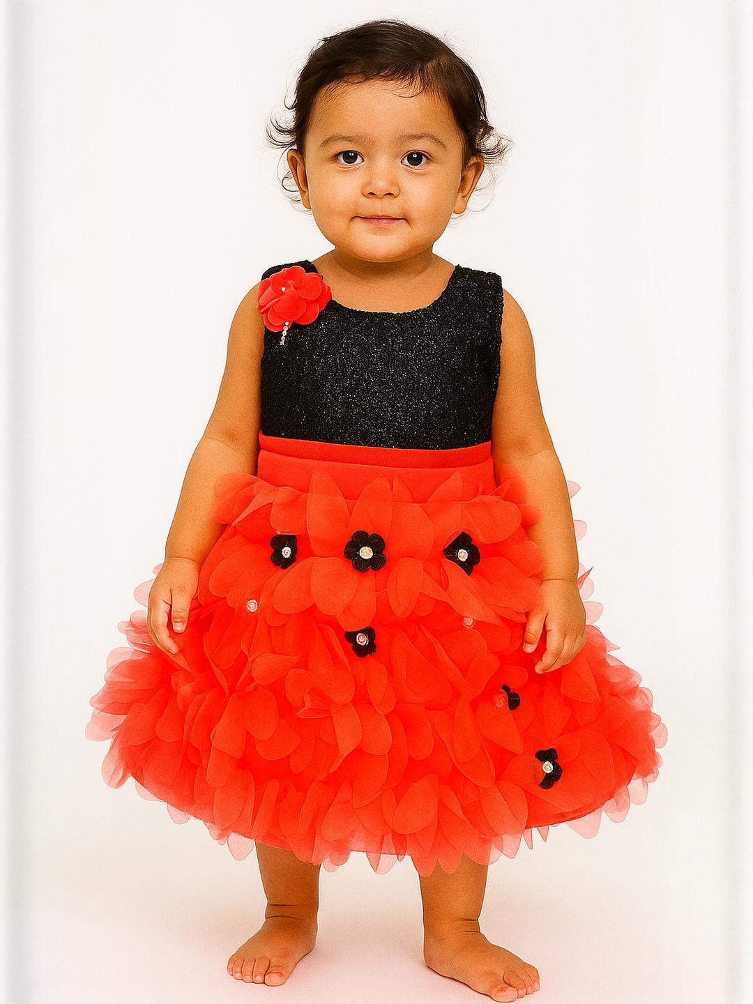 STUMBLE FASHION Girls Red & Black Floral Applique Dress