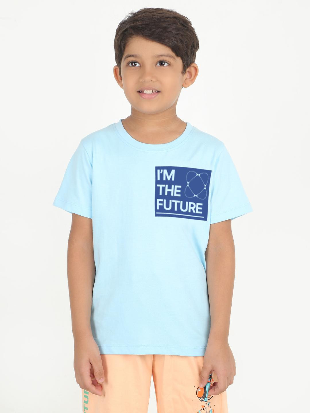 REBORN Boys Blue Round Neck Short Sleeves Printed Cotton Casual T-Shirt