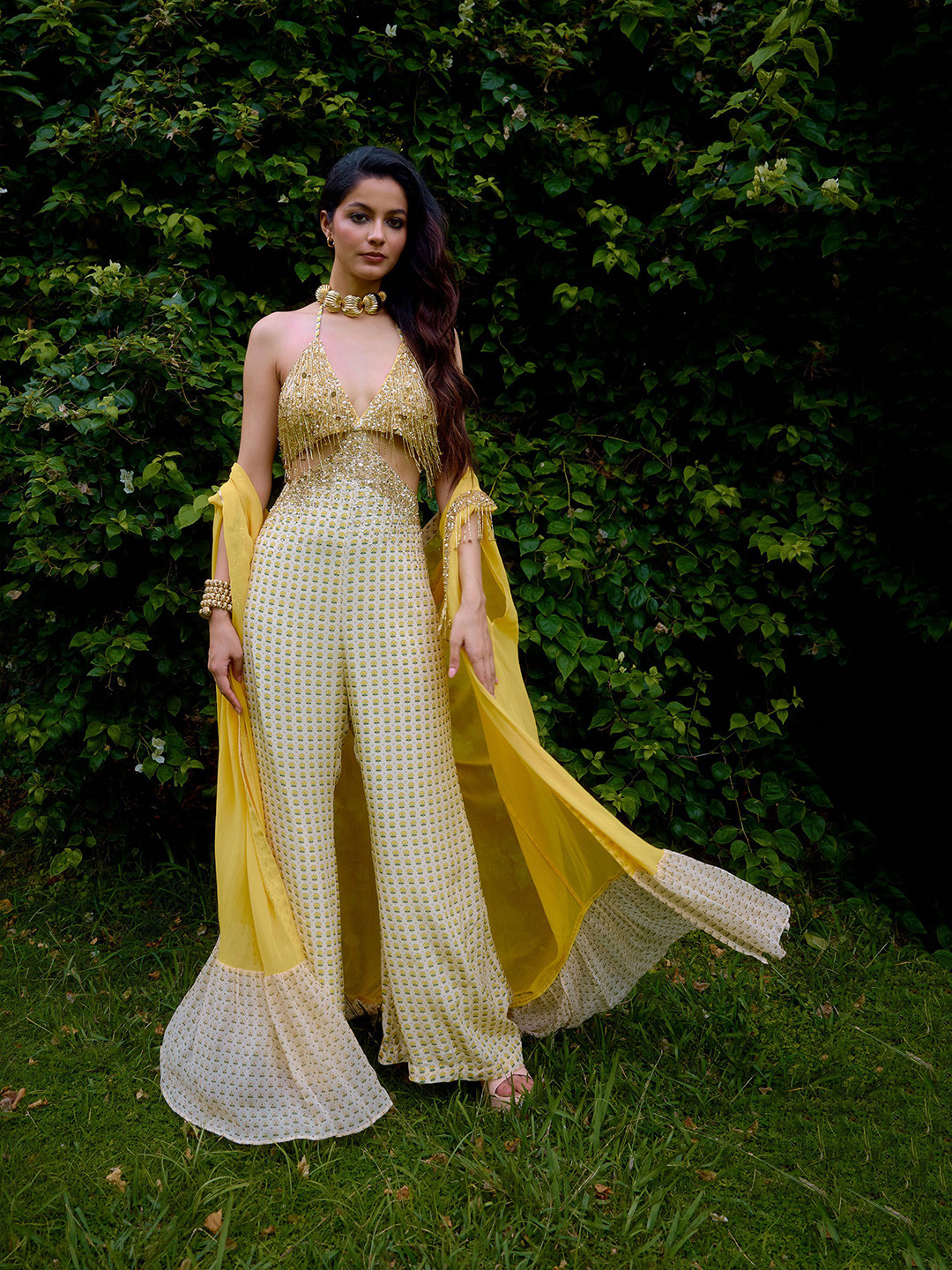 Nikasha Halter Neck Printed & Sequin Embellished Basic Jumpsuit with Overgarment