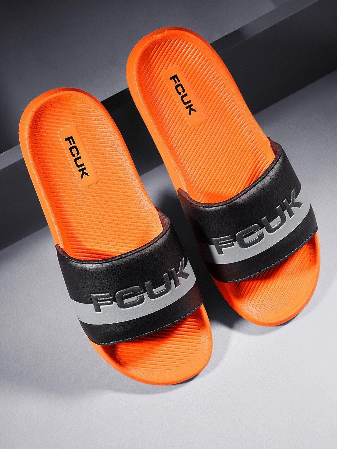 FCUK Men Brand Name Detailing Striped Sliders
