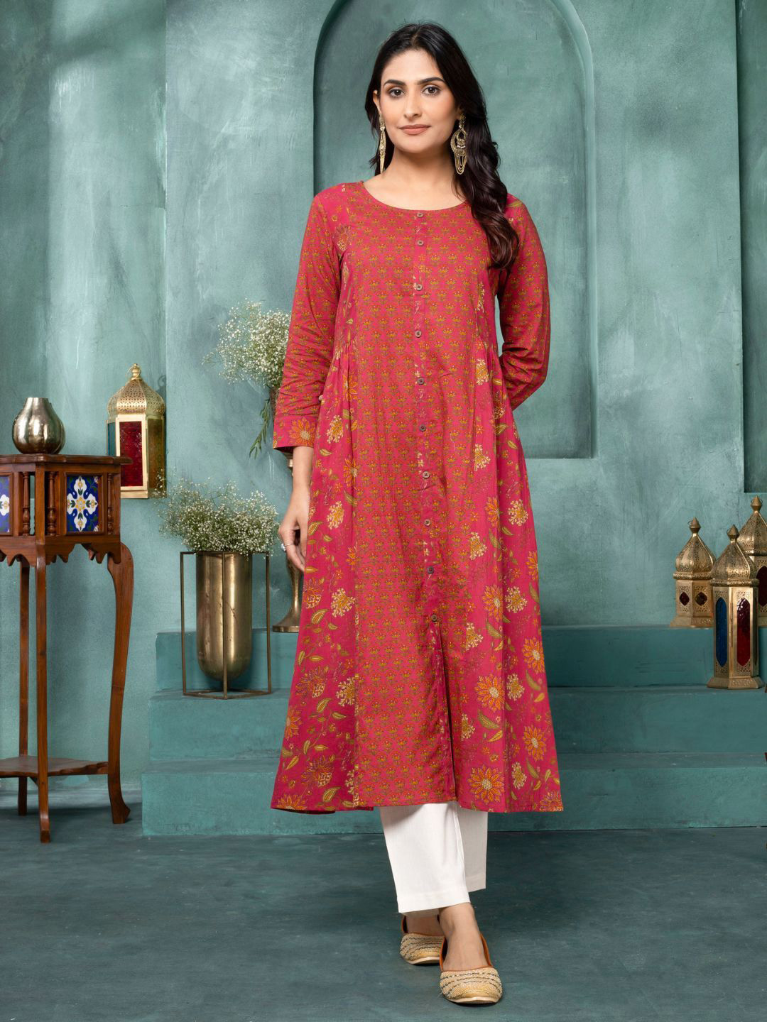 Saffron Floral Printed Threads Pure Cotton A-Line Kurta