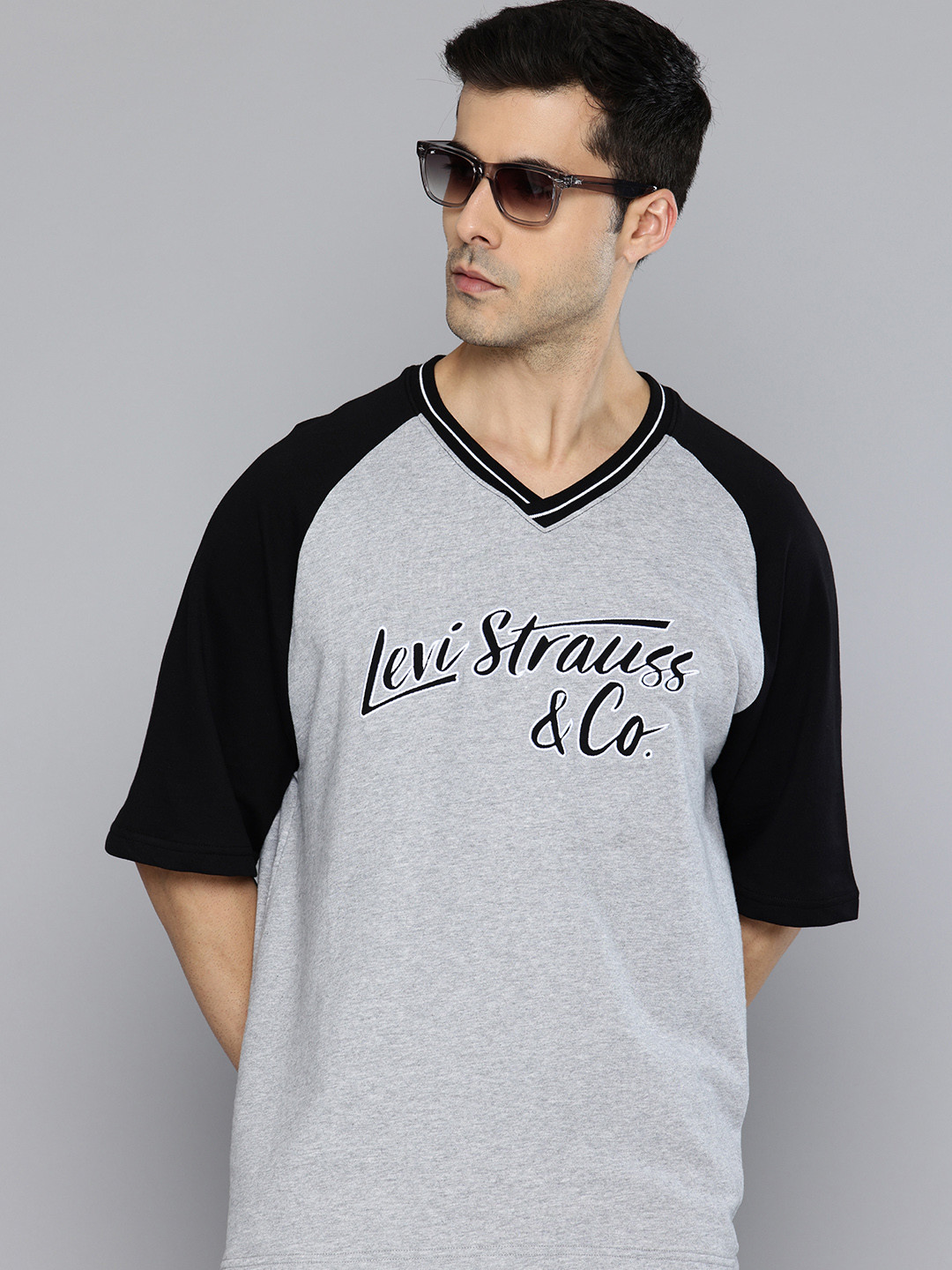 Levis Pure Cotton V-Neck Brand Logo Embroidered Relaxed Fit T-shirt