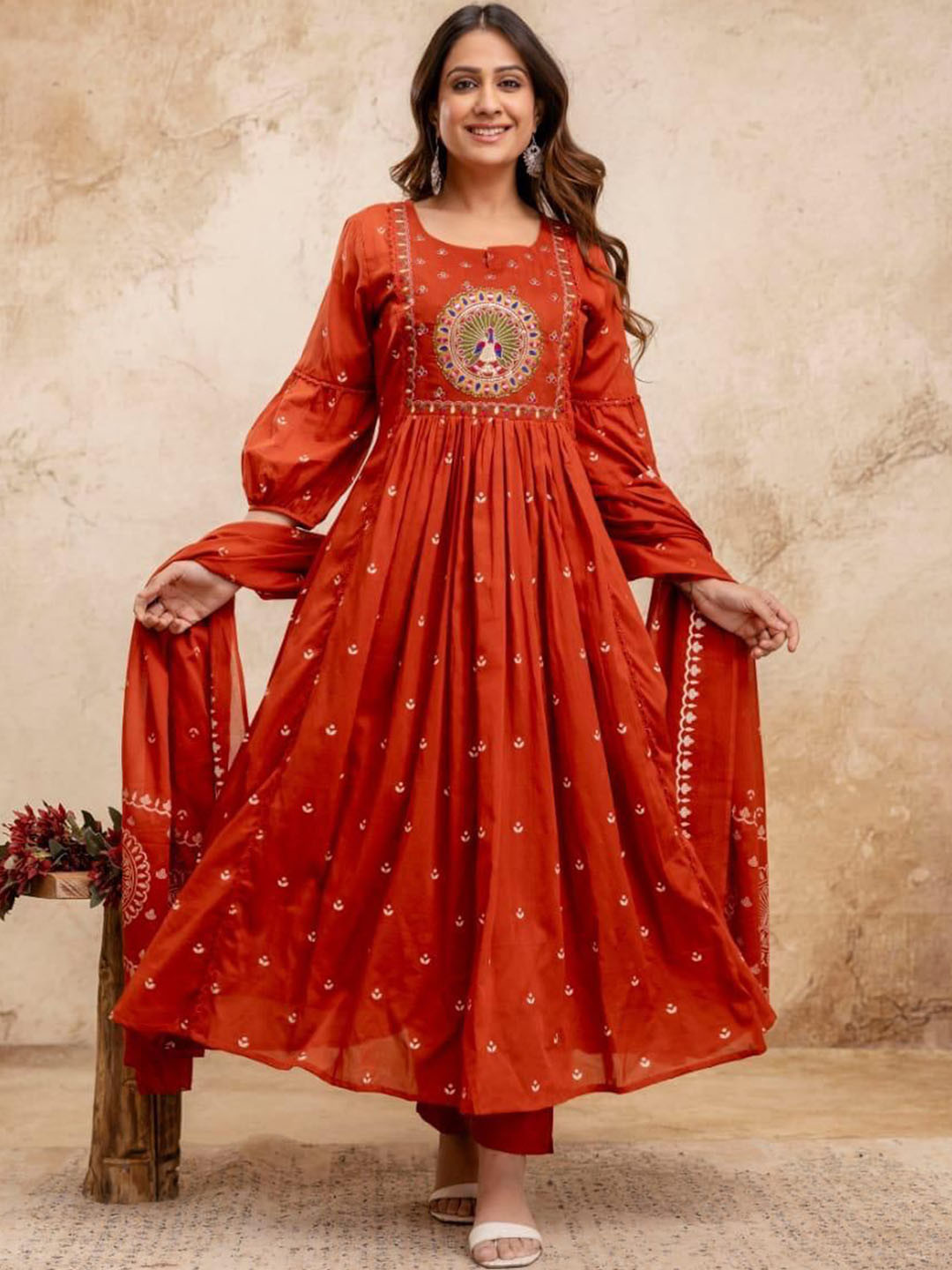 Anni Designer Plus Size Ethnic Motifs Printed Round Neck Kurta With Trousers & Dupatta