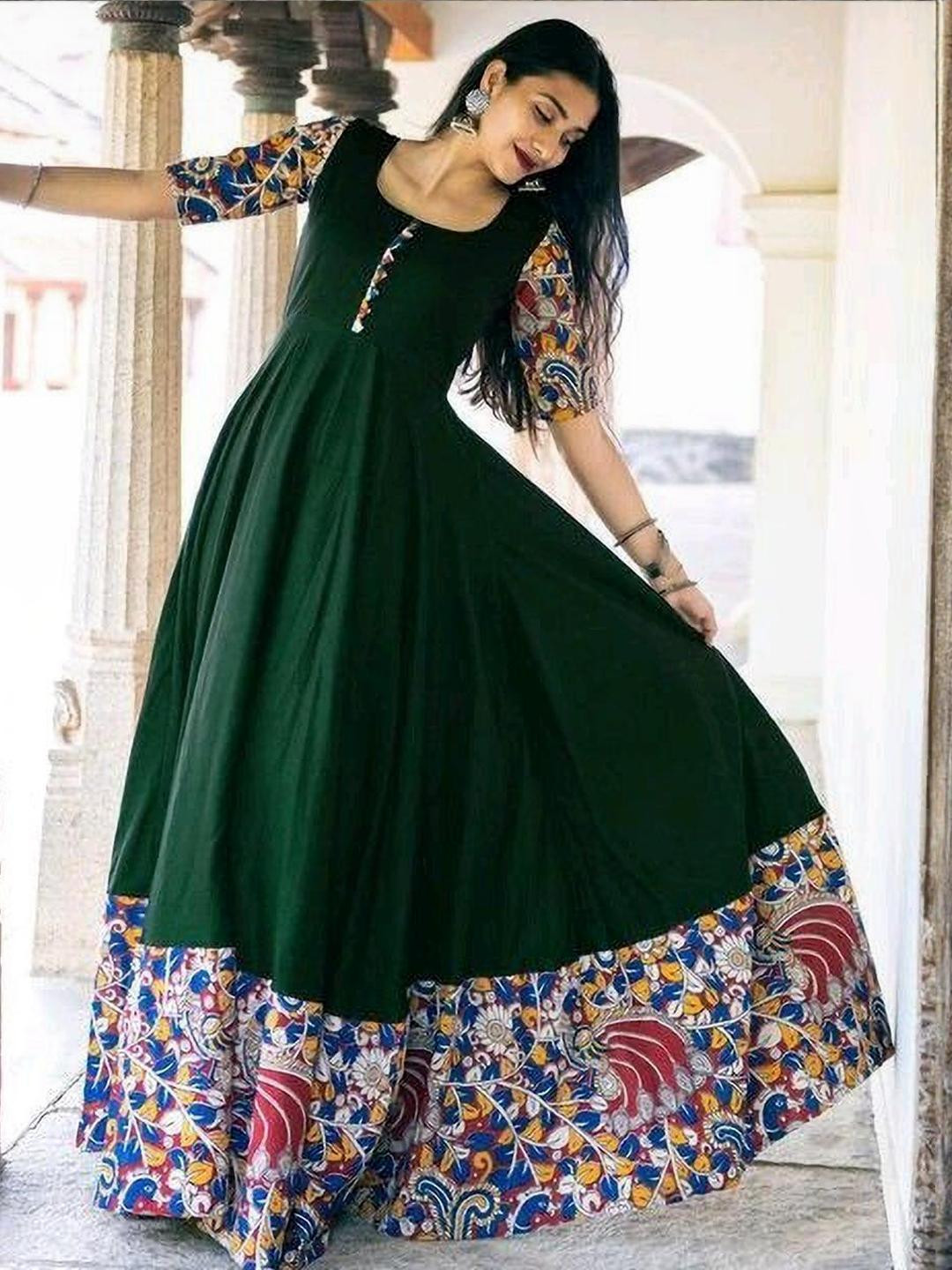 MAHUDI Women Dark Green Flared Viscose Rayon Kalamkari Print Kurta