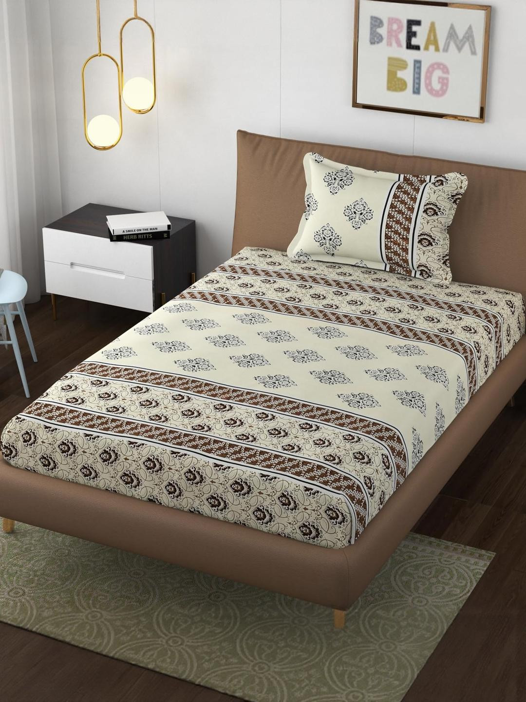 Lunar Days Cream & Brown Ethnic Motifs 160 TC Microfiber Single Bedsheet & Pillow Cover