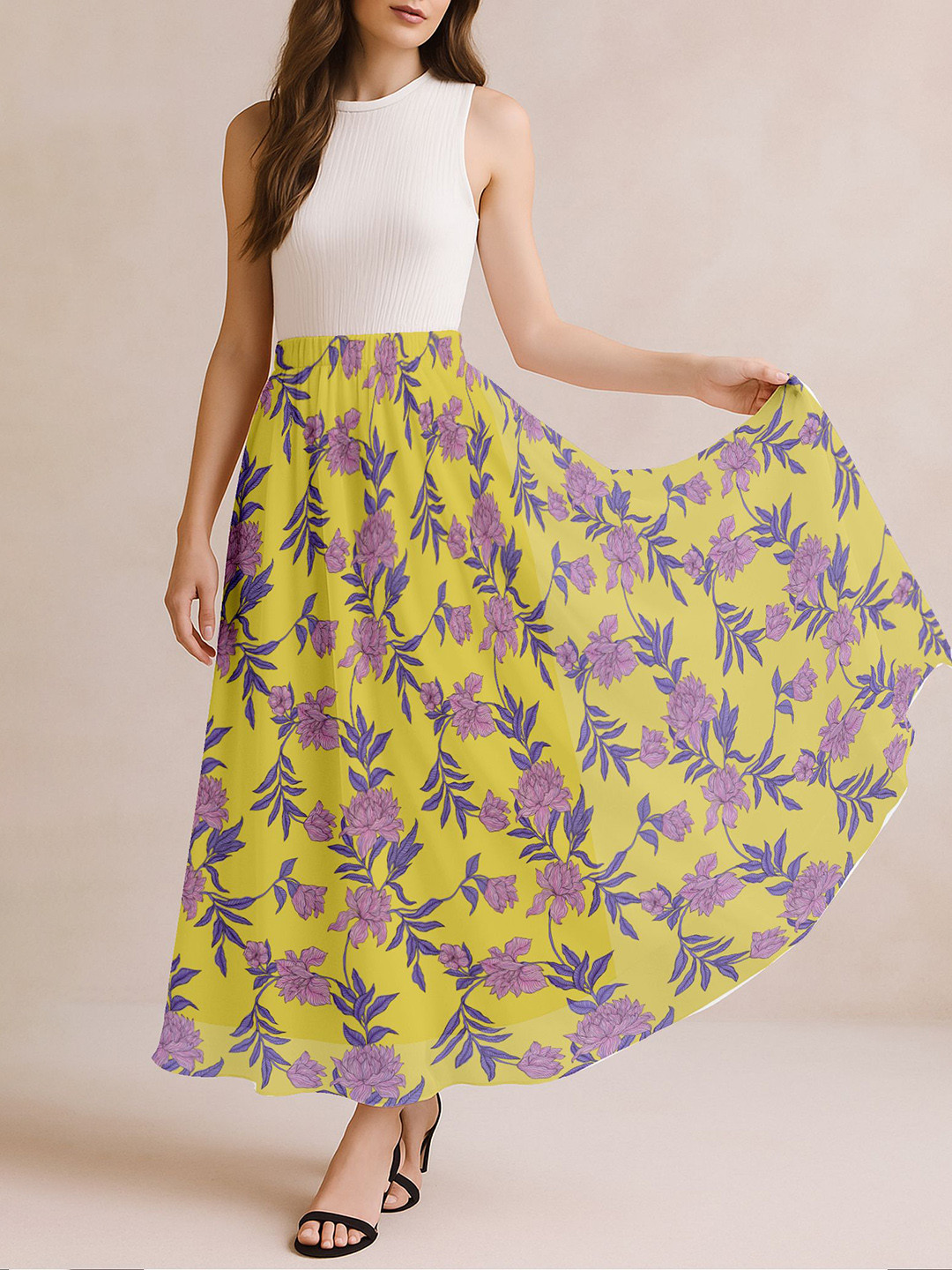 Moomaya Women Printed High Waist Flowy Long Skirt