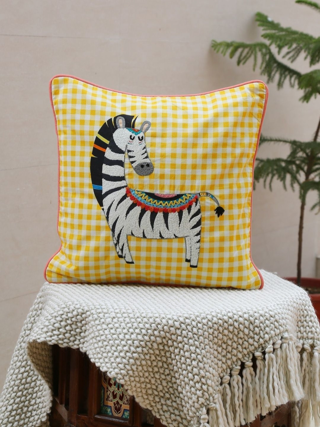 Revive Home White & Yellow Zebra Design Embroidered Square Cotton Cushion Cover
