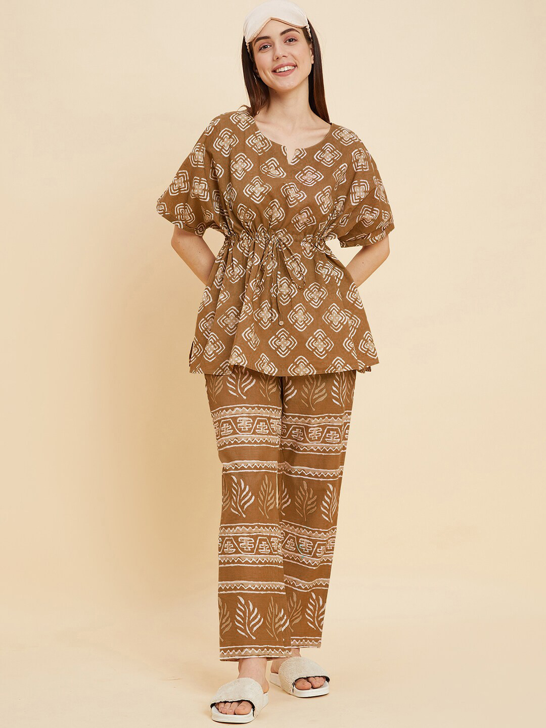 Sweet Dreams Brown & White Ethnic Motifs Printed Pure Cotton Night suit