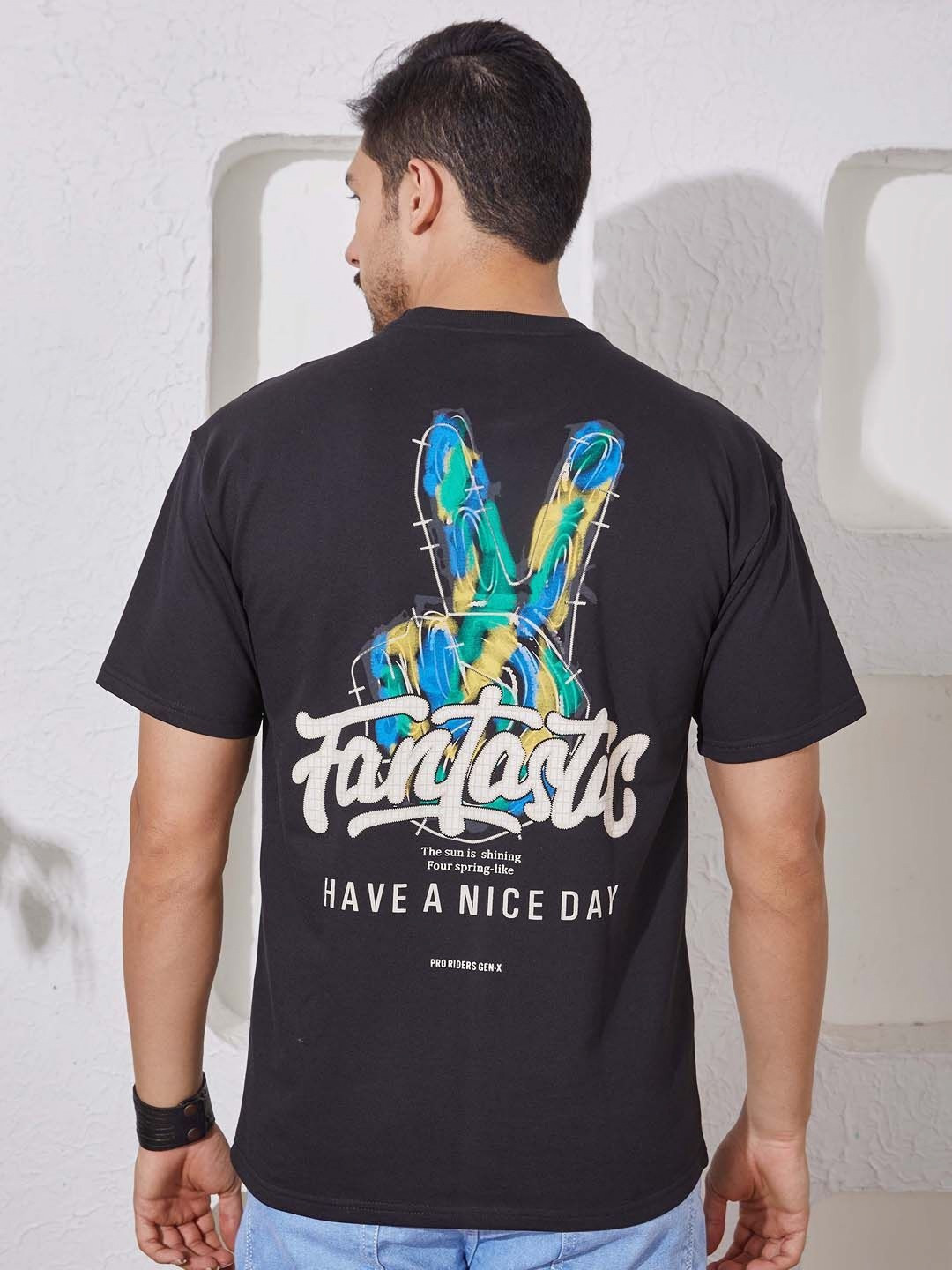 PRORIDERS Men Cotton Printed Round Neck Black T-shirt