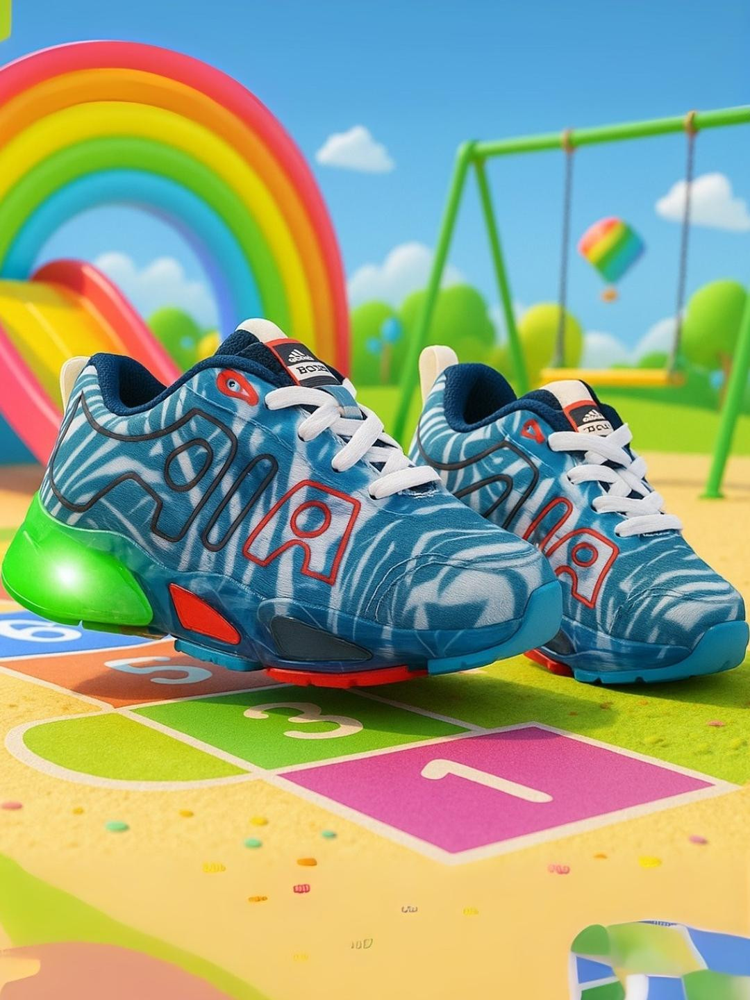 JOOTIYAPA Unisex Kids Blue & Green Printed With LED Light Lace Up Synthetic Sneakers