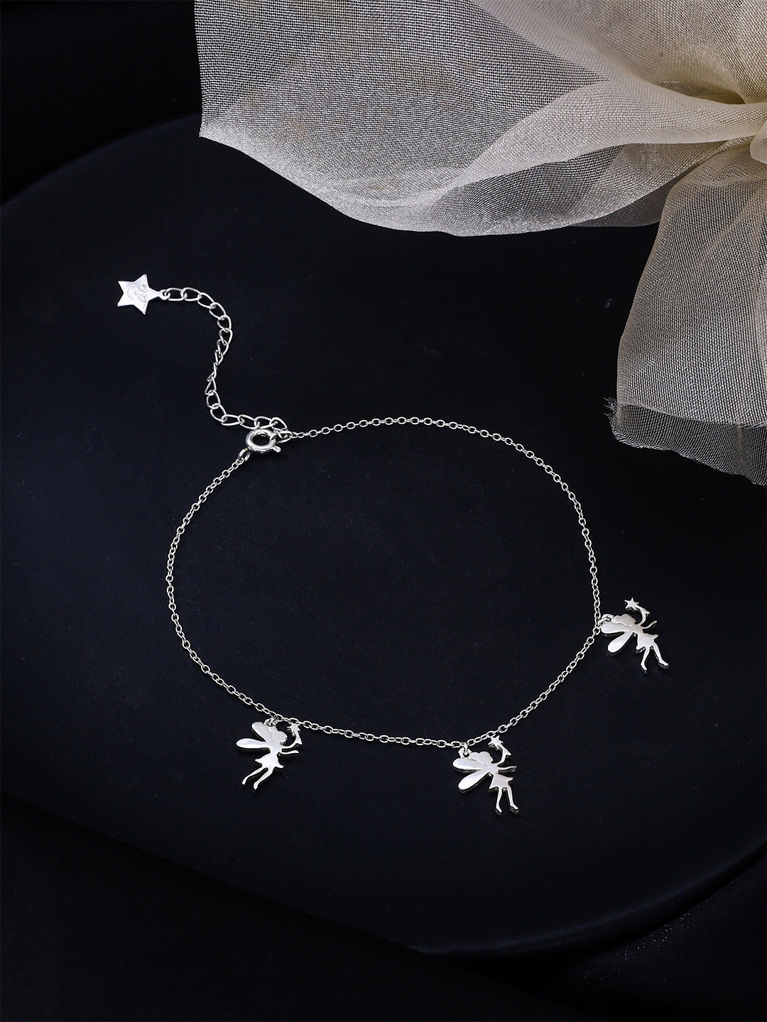 Kicky And Perky 925 Sterling Silver Rhodium-Plated Angel Charm Anklet