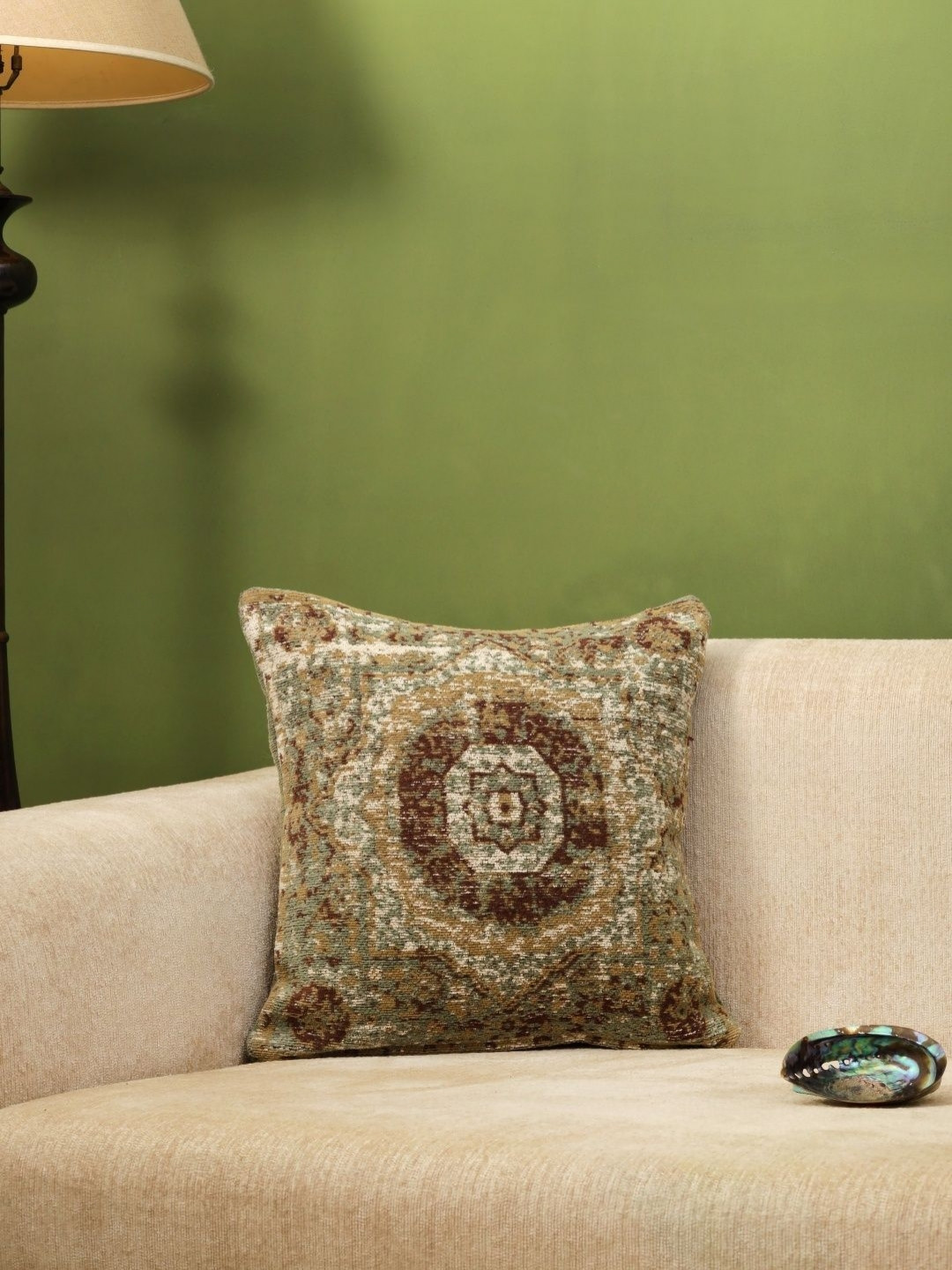 Revive Home Beige & Maroon Printed Jacquard Cotton Chenille Square Cushion Cover