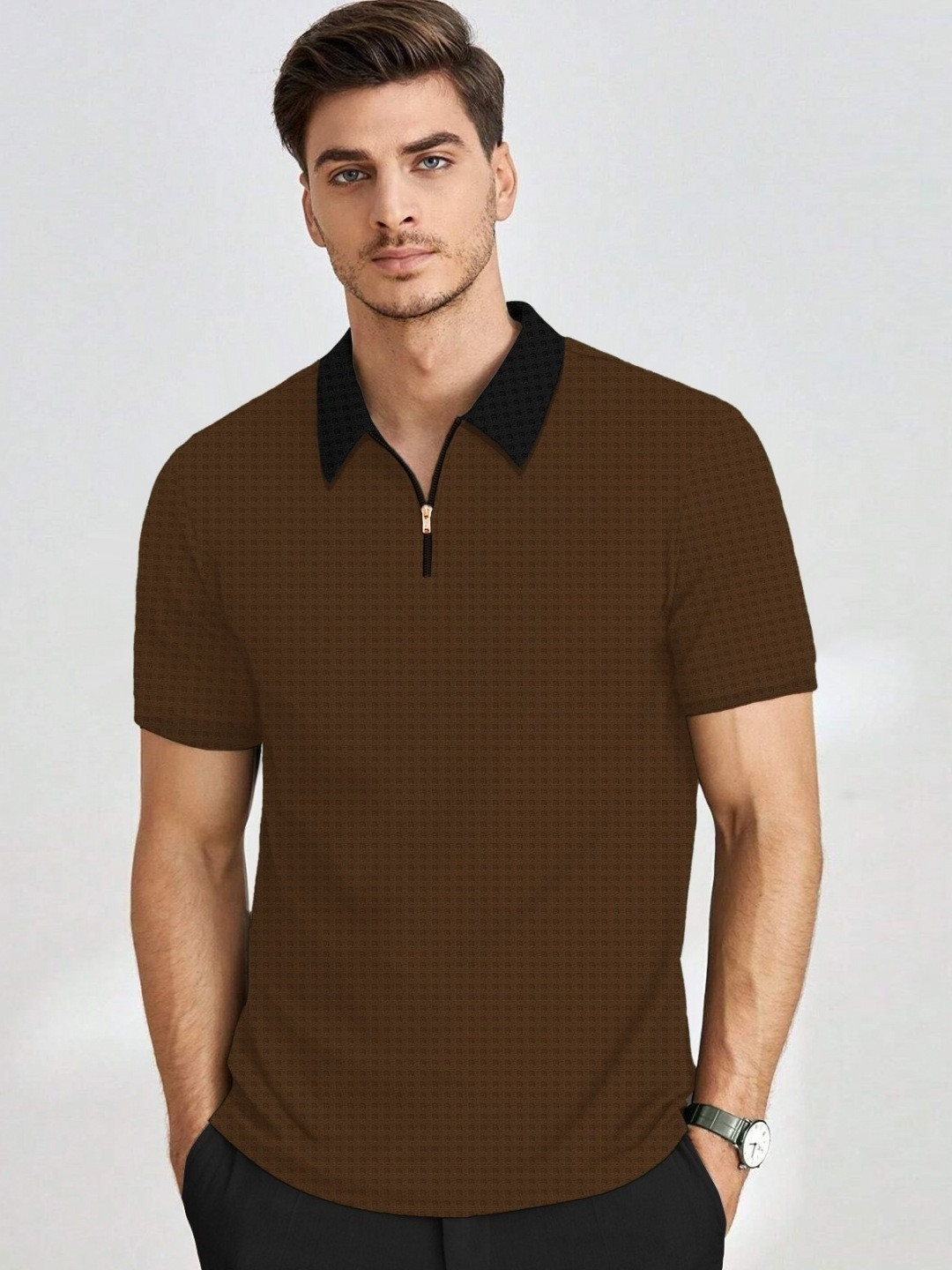 HAPPY KHAJANA Self Design Polo Collar T-shirt