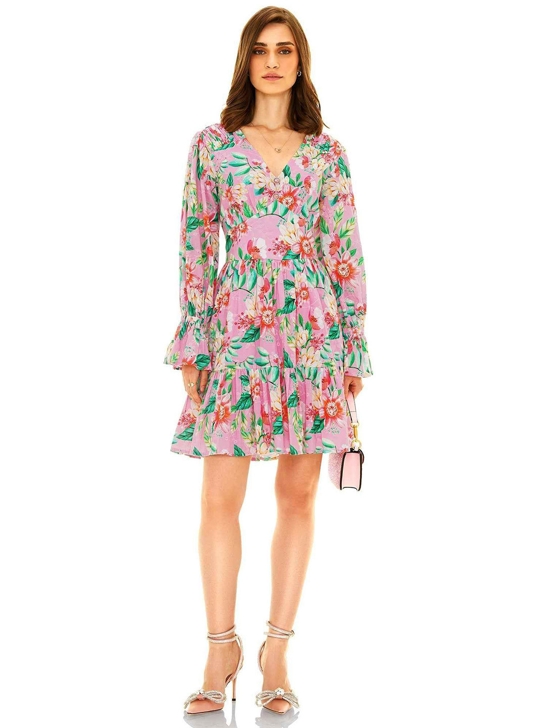 PRETTY PIXIE Women Floral Printed Bell Sleeves Tiered Pleated Detail Fit & Flare Dress