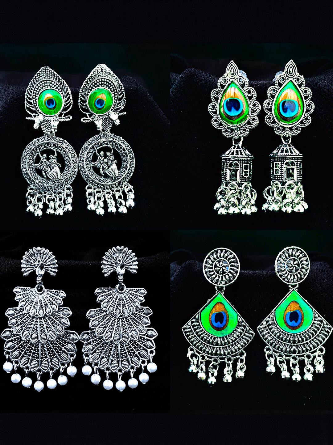 ANNORA INTERNATIONAL Women Set Of 4 Peacock Shaped Silver-Plated Oxidised Jhumka Earrings