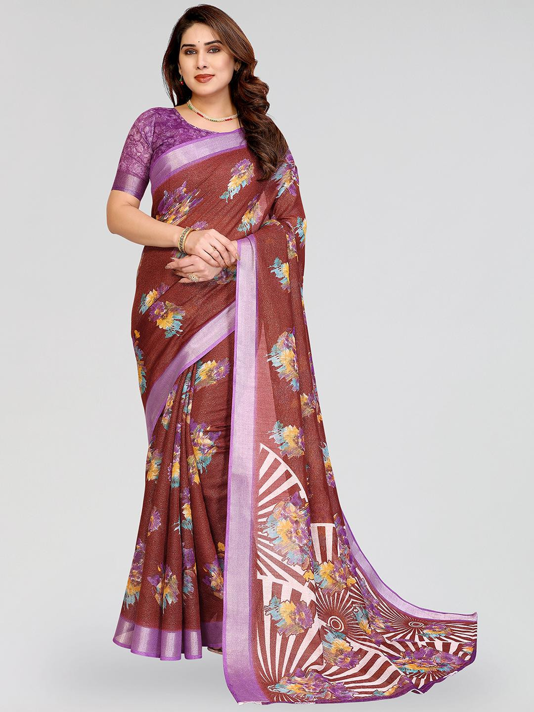 Moda Rapido Women Brown & Lavender Floral Printed Cotton Saree