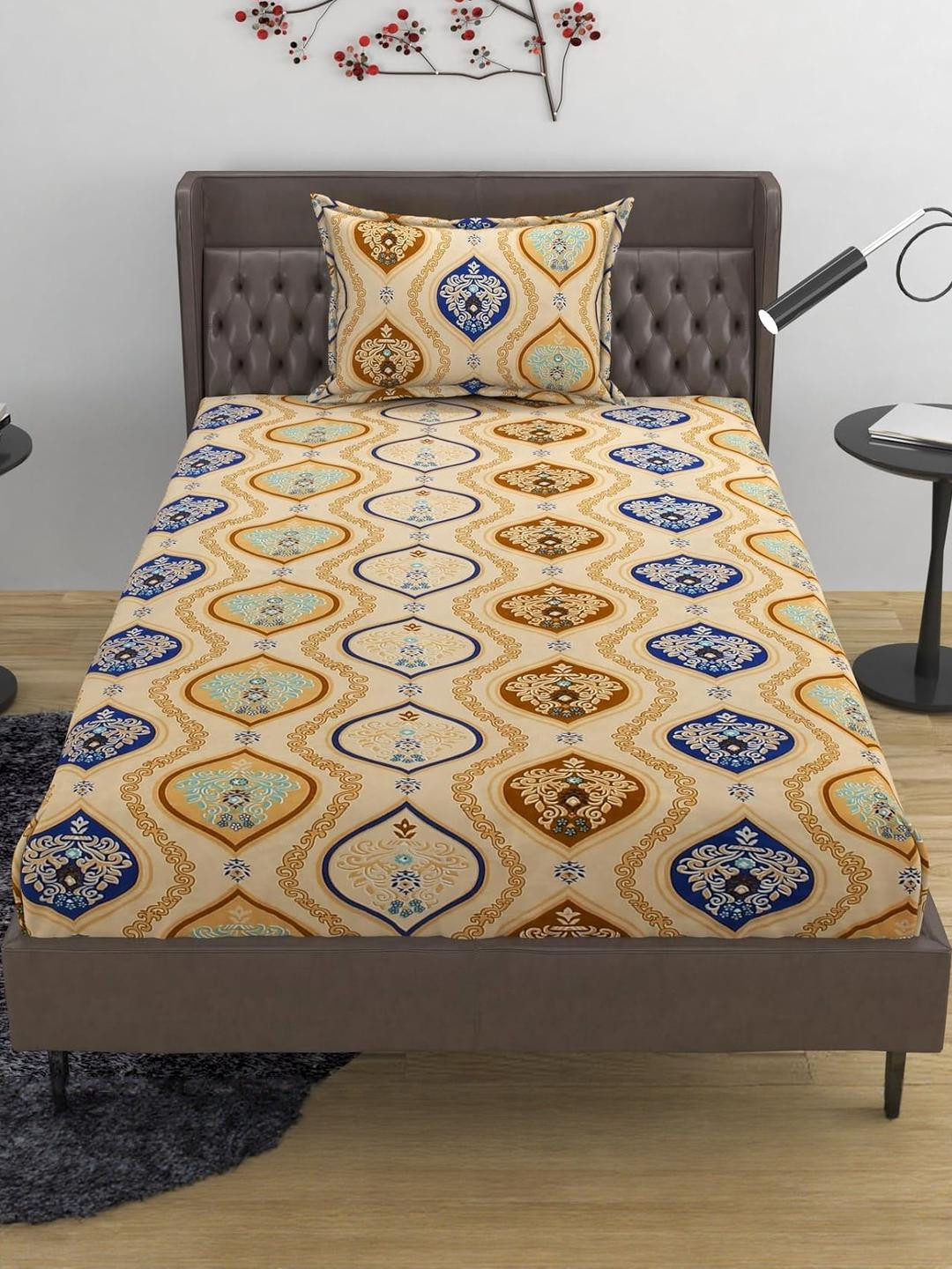 Lunar Days Cream-Coloured Floral 160 TC Single Bedsheet with 1 Pillow Covers