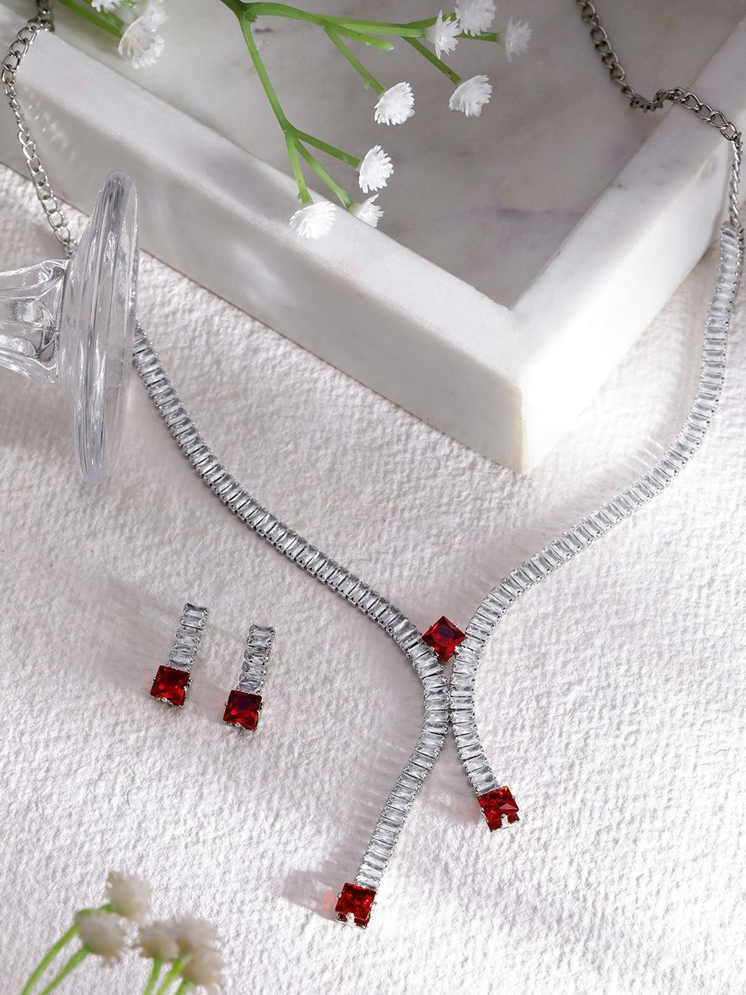 Anouk Rhodium-Plated Crystal Gemstone-Studded Necklace and Earrings Jewellery Set