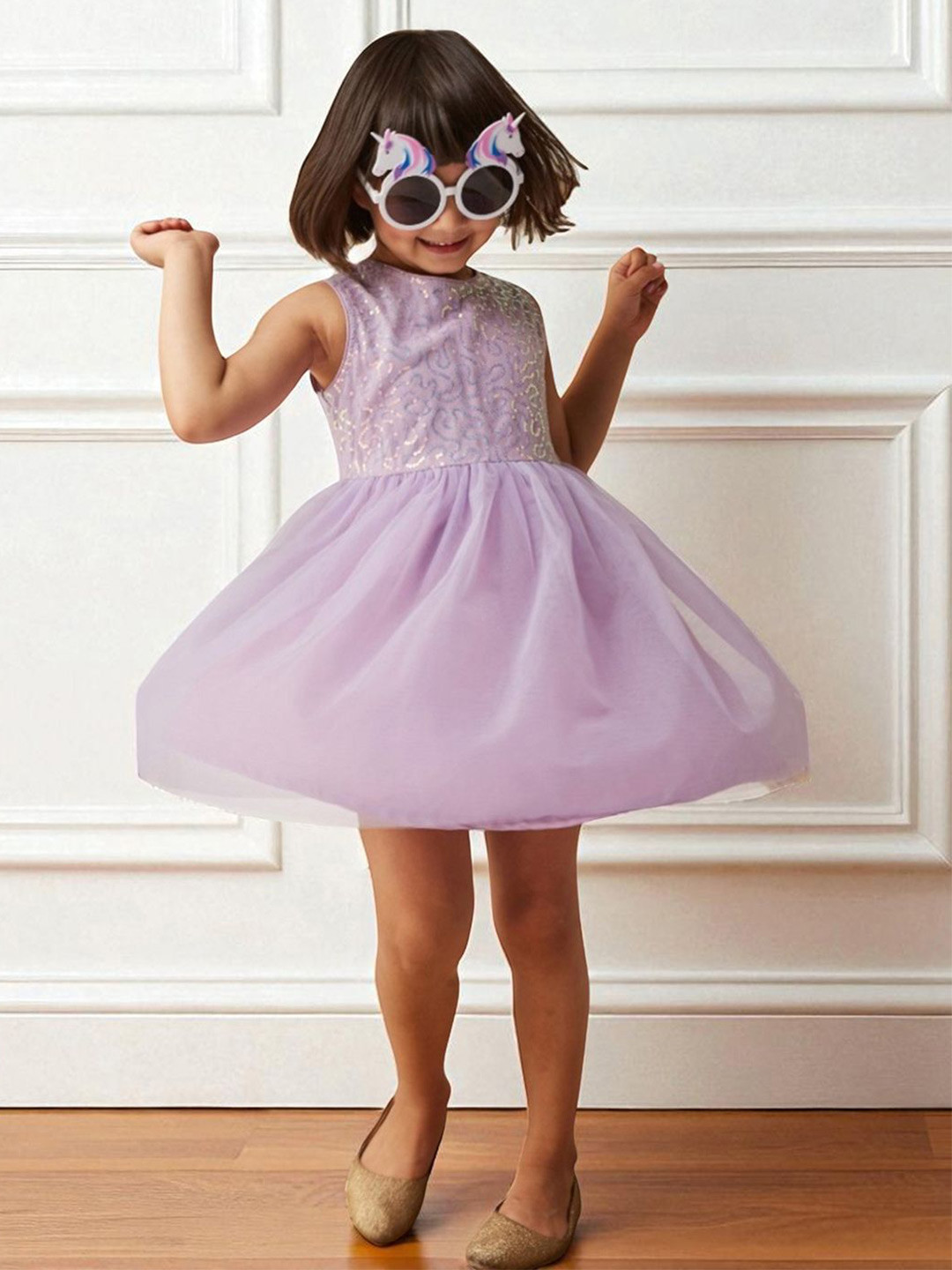 BAESD Kid's Round-Neck Sleeveless Embellished Fit & Flare Knee-Long Party Dress