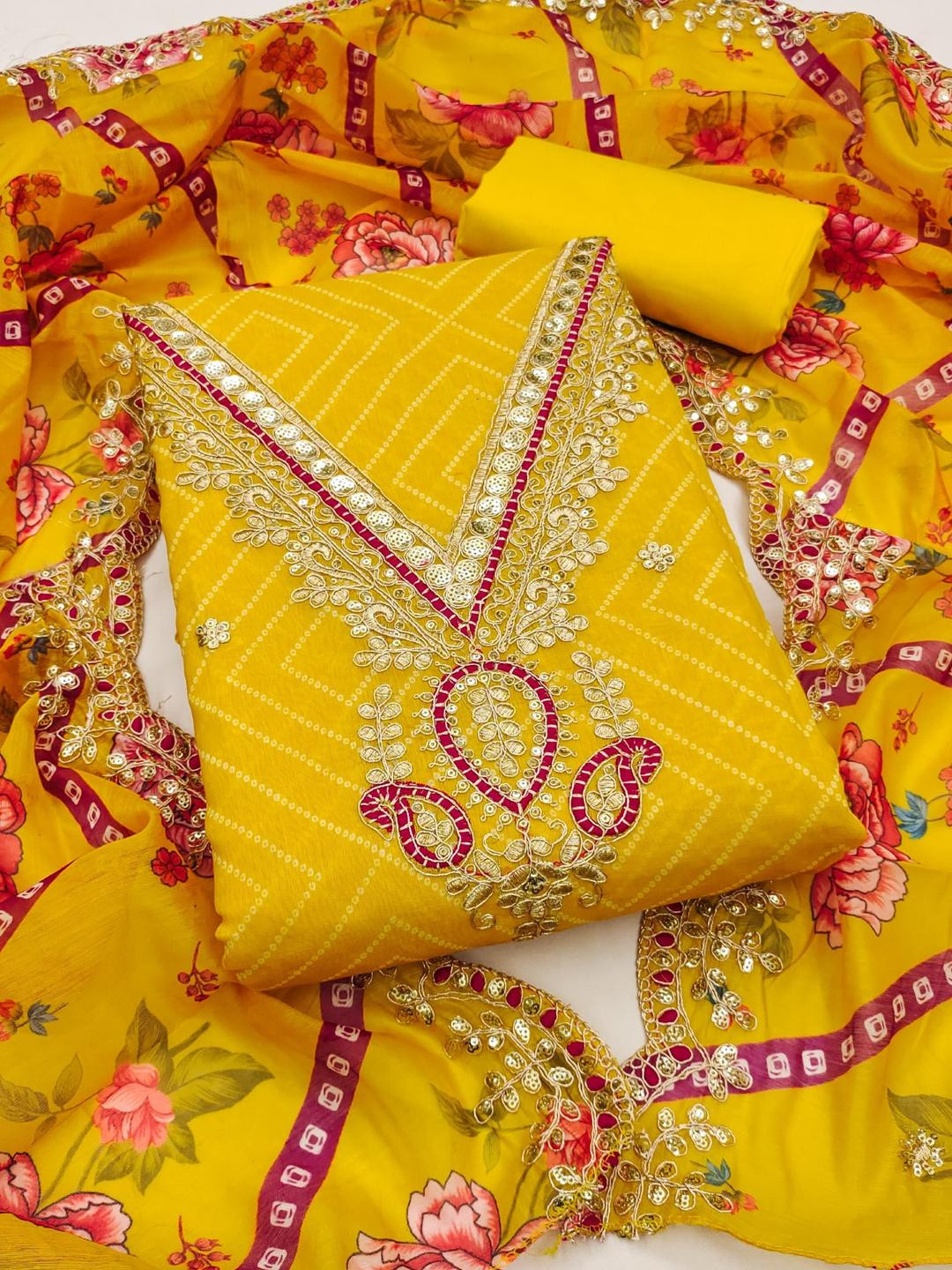 KALINI Women Yellow Embroidered Bandhani Dress Material