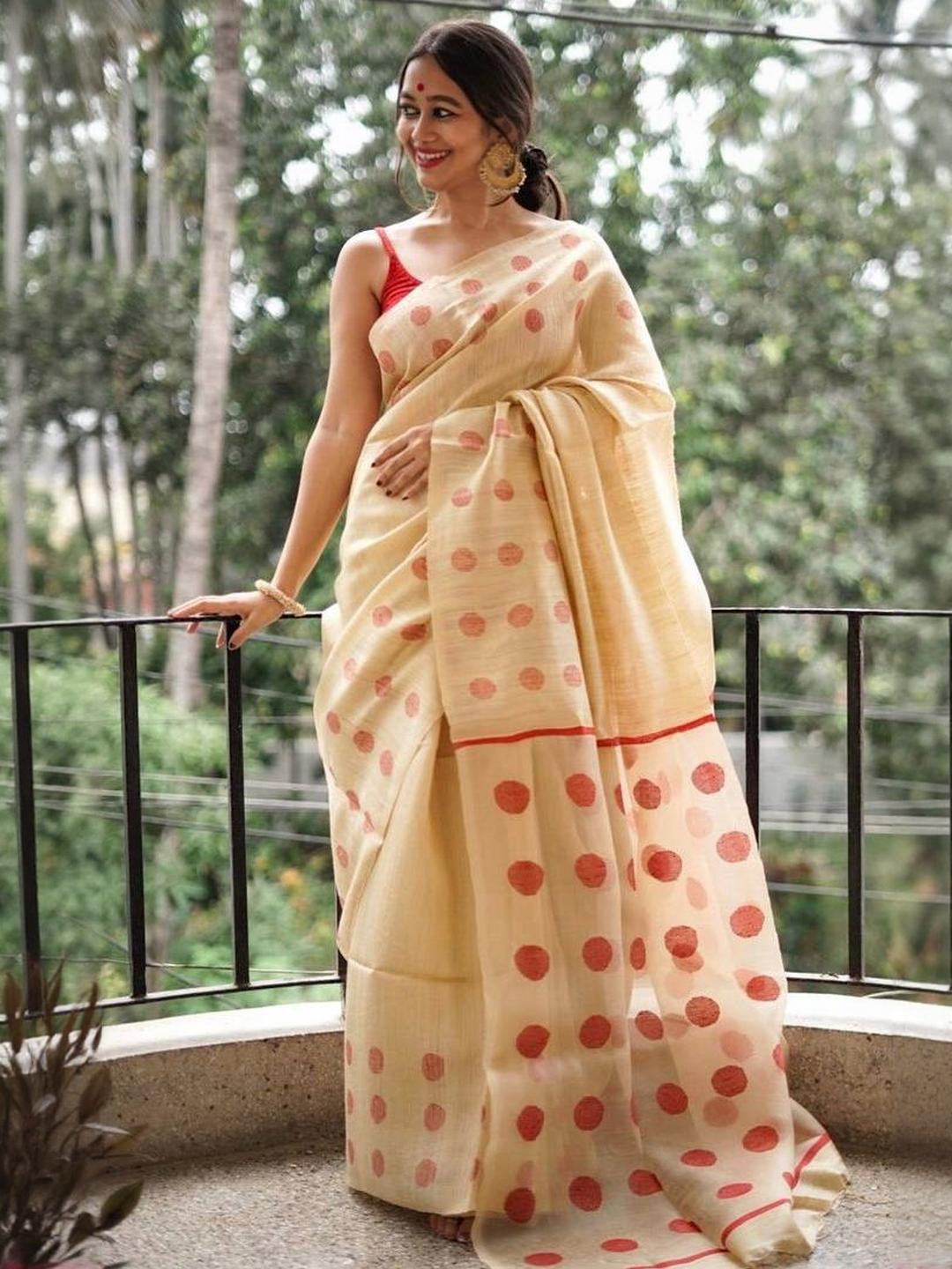 GHAN SALS Cream Silk Blend Woven Design Sarees