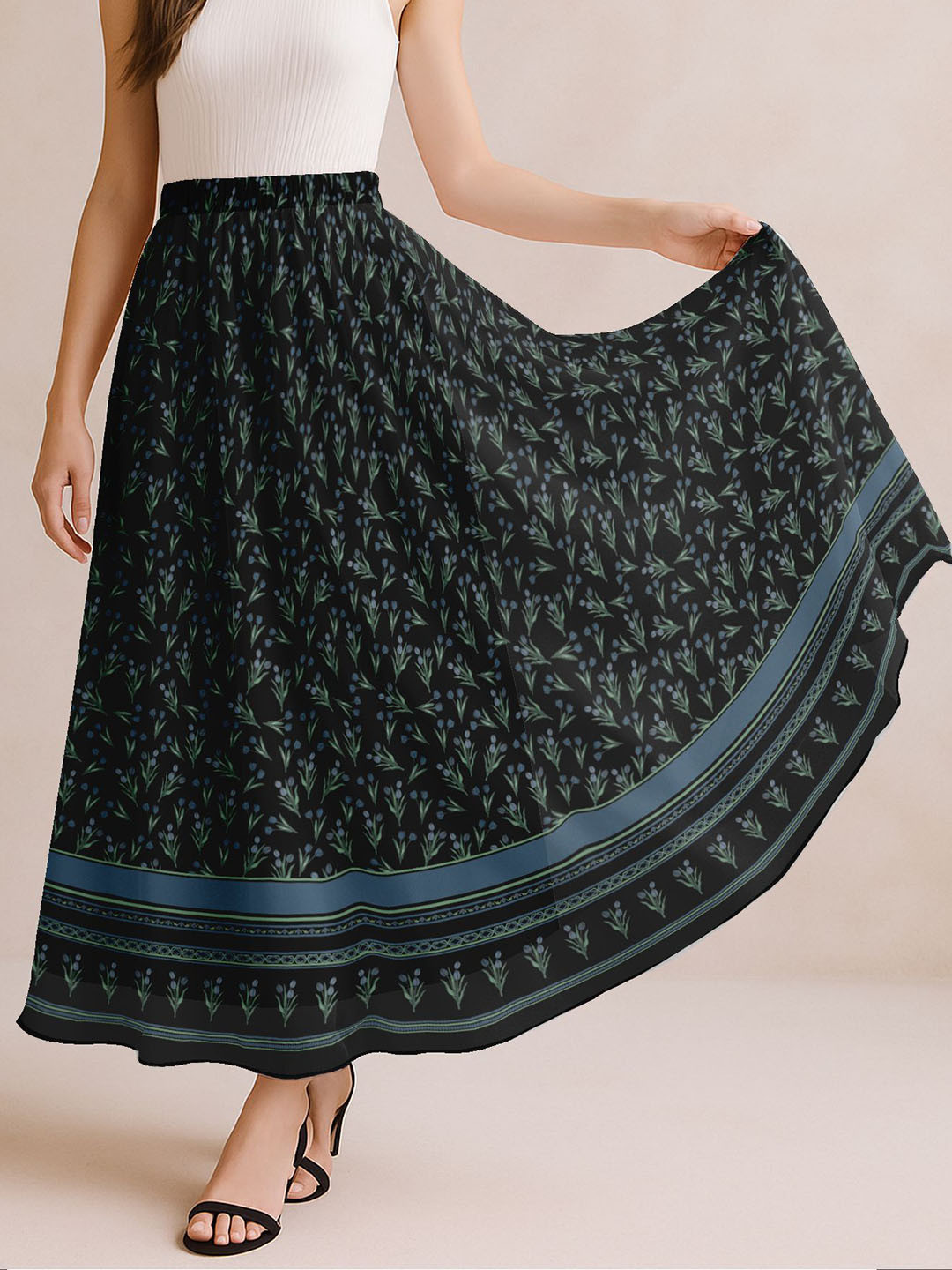 Moomaya Women Printed High Waist Flowy A-Line Maxi Skirt