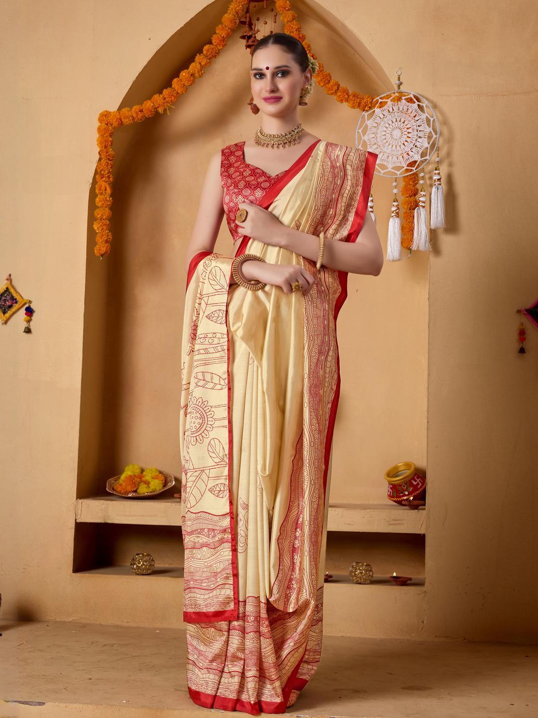 RACHNA Sunflower Printed Durga Pooja Ready To Wear Saree