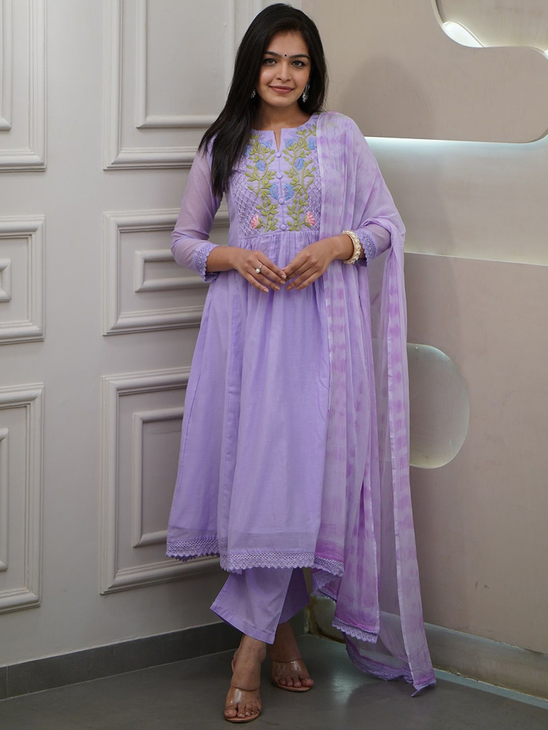 AG TEXTILE Embroidered Thread Work Notch Neck Anarkali Kurta With Trousers & Dupatta