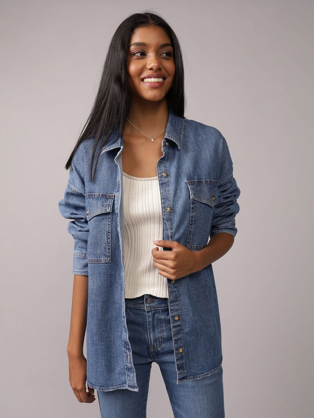 AMERICAN EAGLE OUTFITTERS Women Spread Collar Denim Casual Shirt