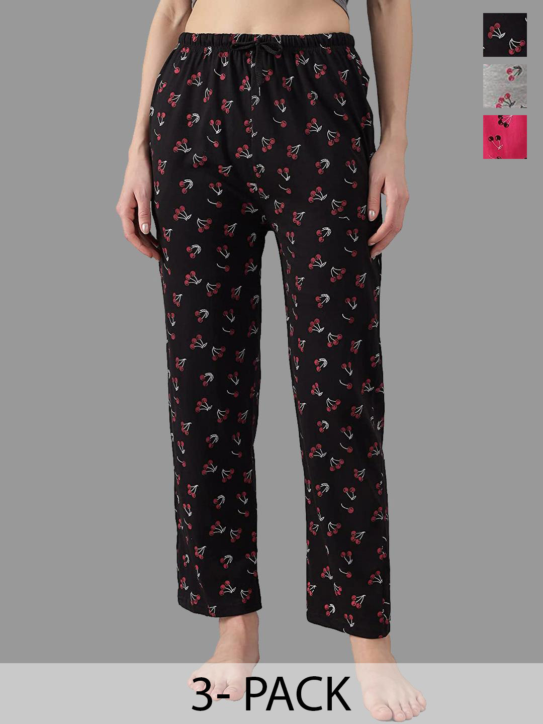FIT N FAME Pack Of 3 Printed Cotton Pyjamas With Side Pockets