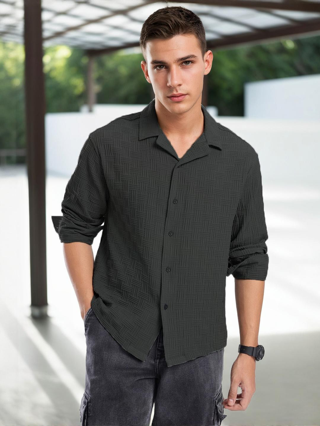 Grey Textured Regular Fit Cuban Collar Casual Shirt