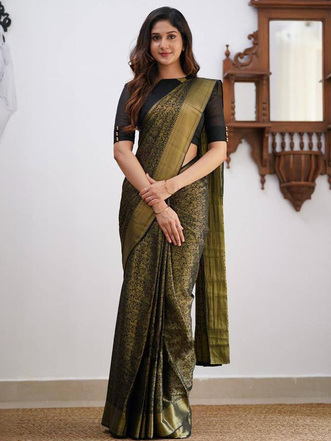 GHAN SALS Black Silk Blend Woven Design Sarees