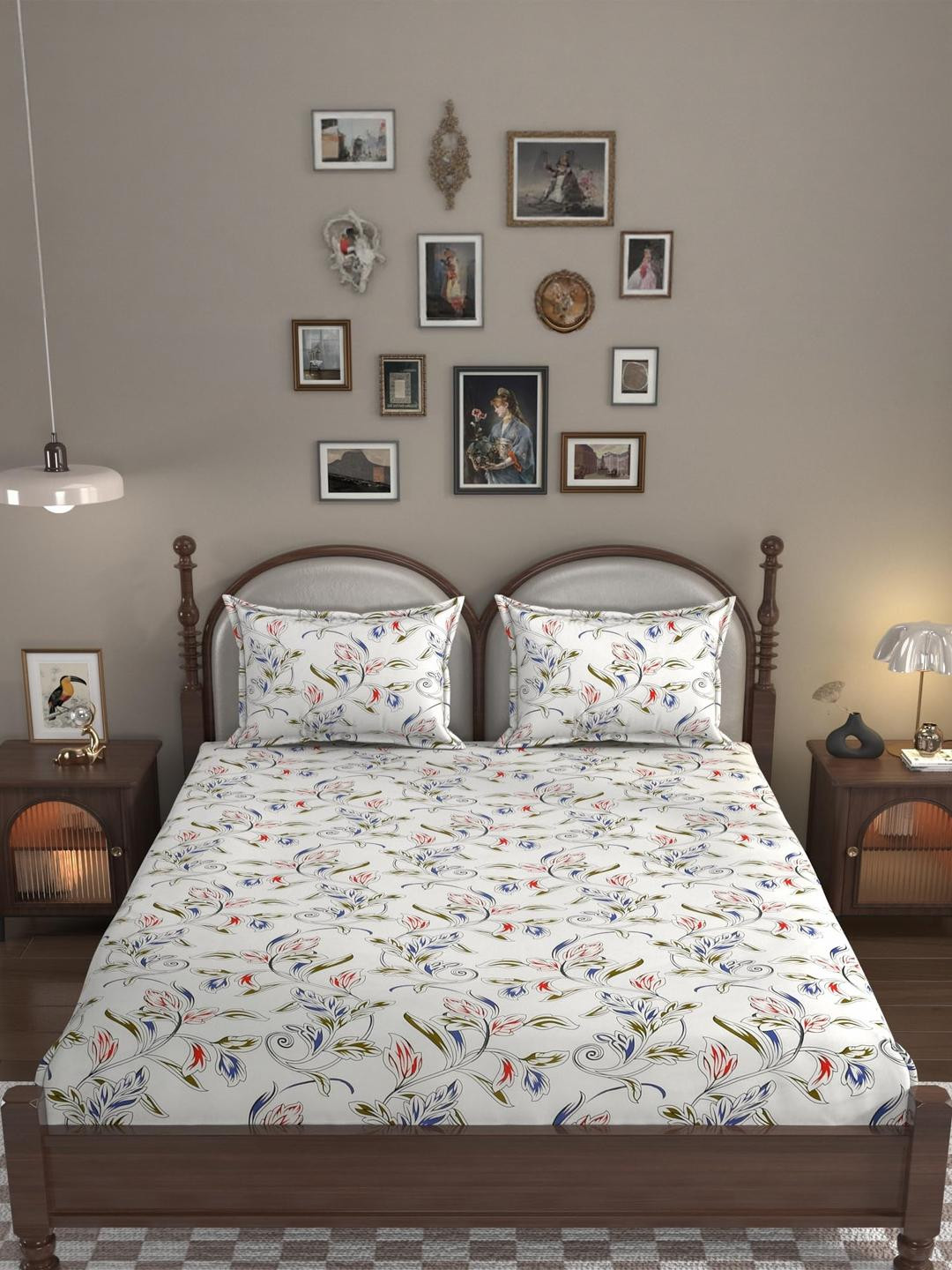 Lunar Days Off White Floral 160 TC King Size Bedsheet with 2 Pillow Covers