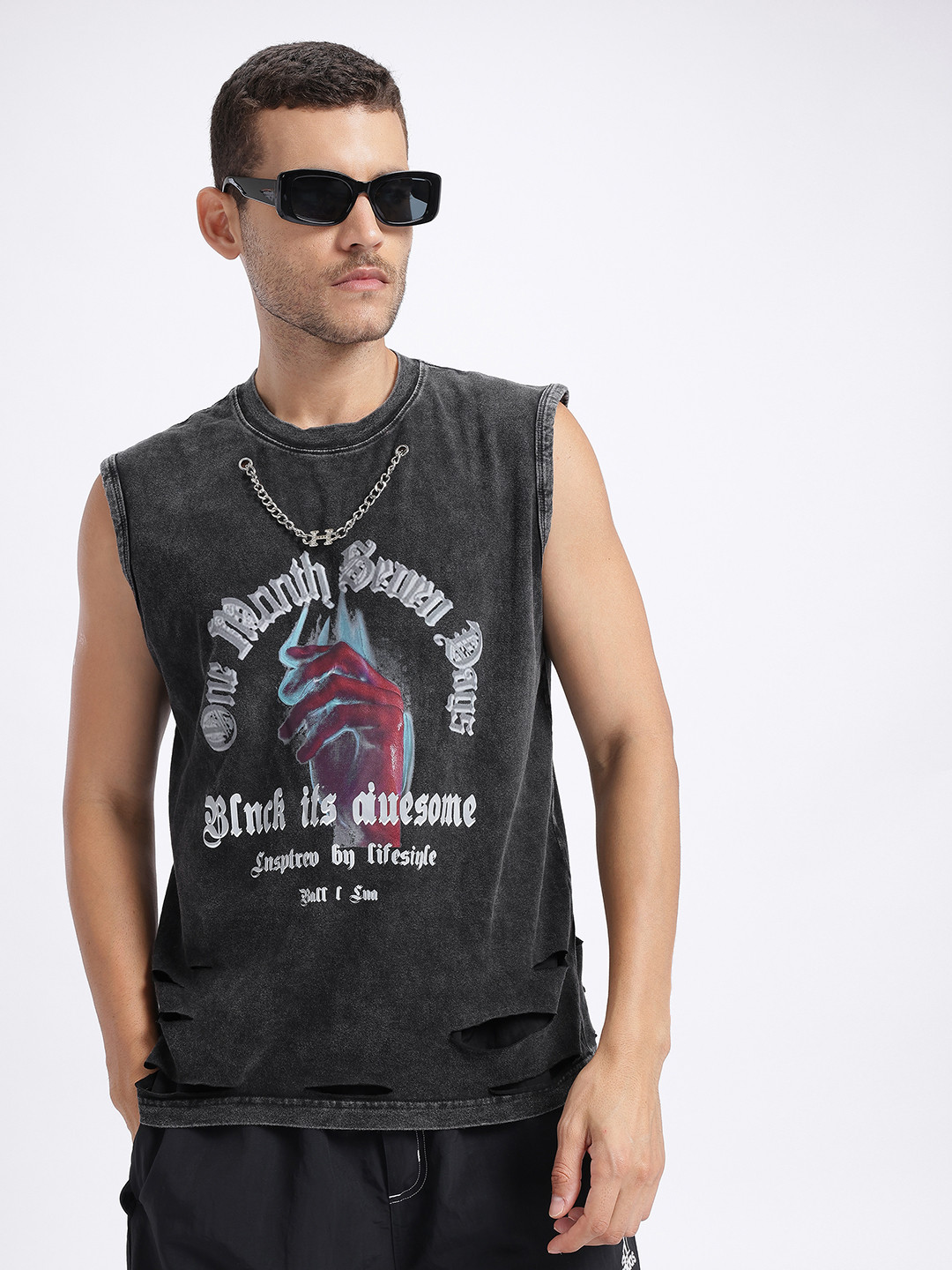 StyleCast x Revolte Printed Washed Distressed T-shirt with Chain Detail