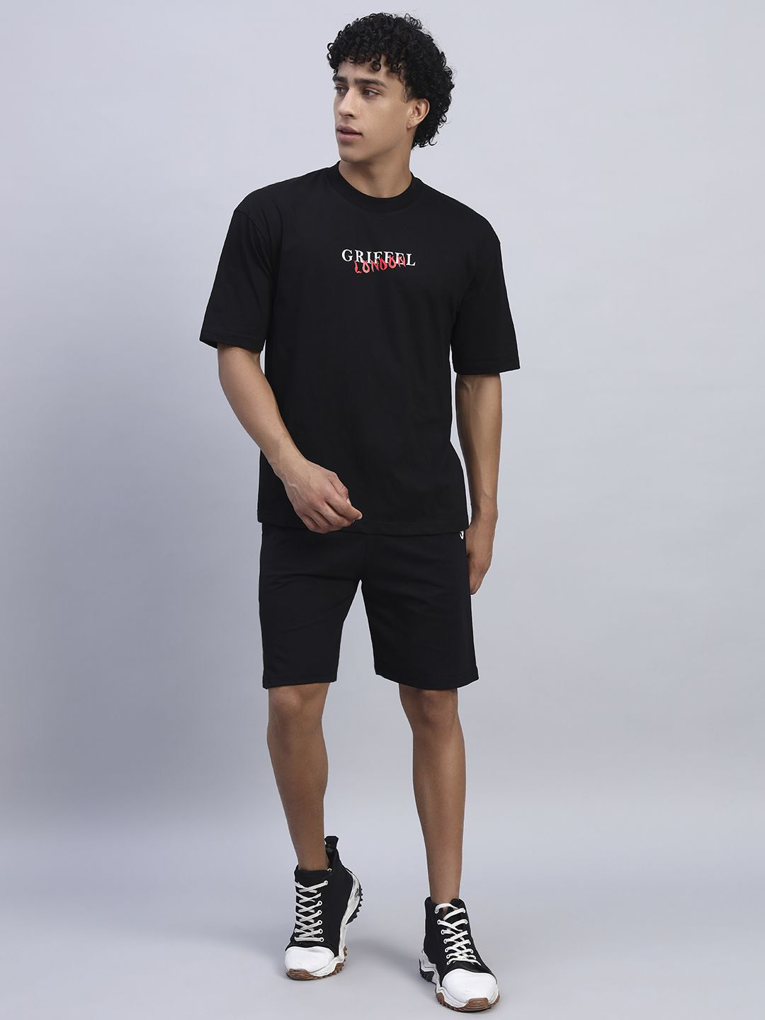 GRIFFEL Brand Logo Printed Pure Cotton Oversized T-Shirt With Shorts