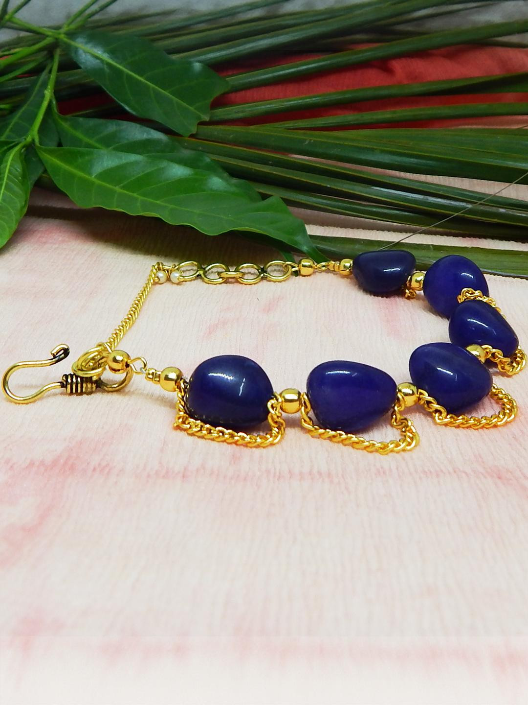 Jaya Vision Jewelry Unisex Blue Agate Gold-Plated Handcrafted Link Bracelet