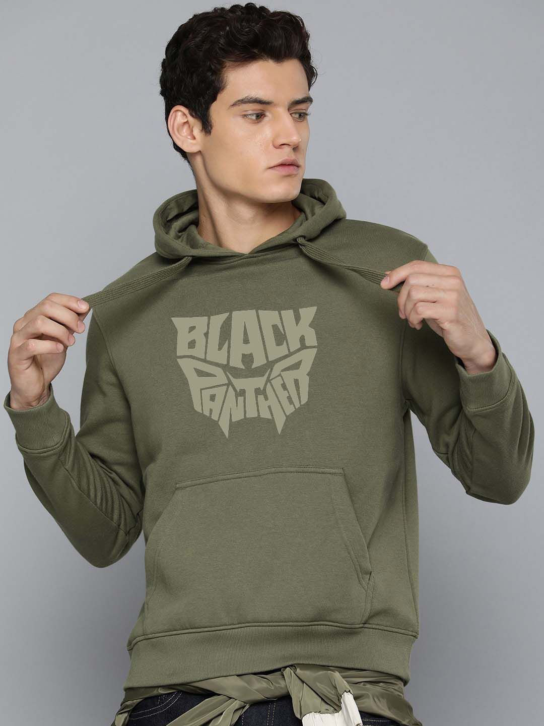 Organic Chics Men Black Panther Printed Therma-Fit Hooded Sweatshirt