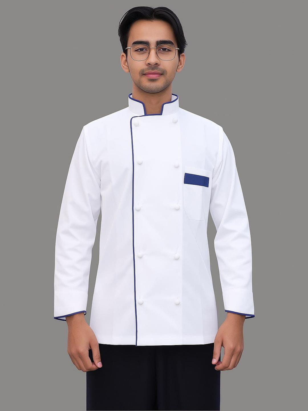 KE KAVITA EXPORT Men Professional Blue Piping White With Chef Coat