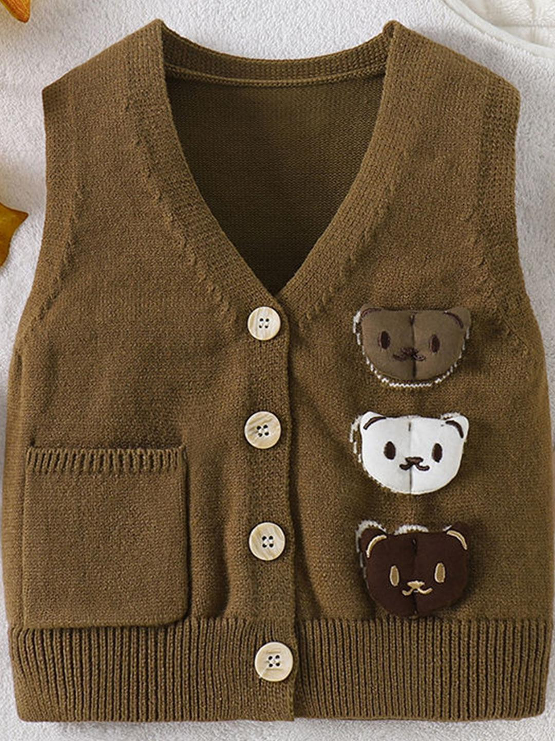 Hopscotch Boys Printed Brown Teddy Applique Knitted Sleeveless Sweater Vest