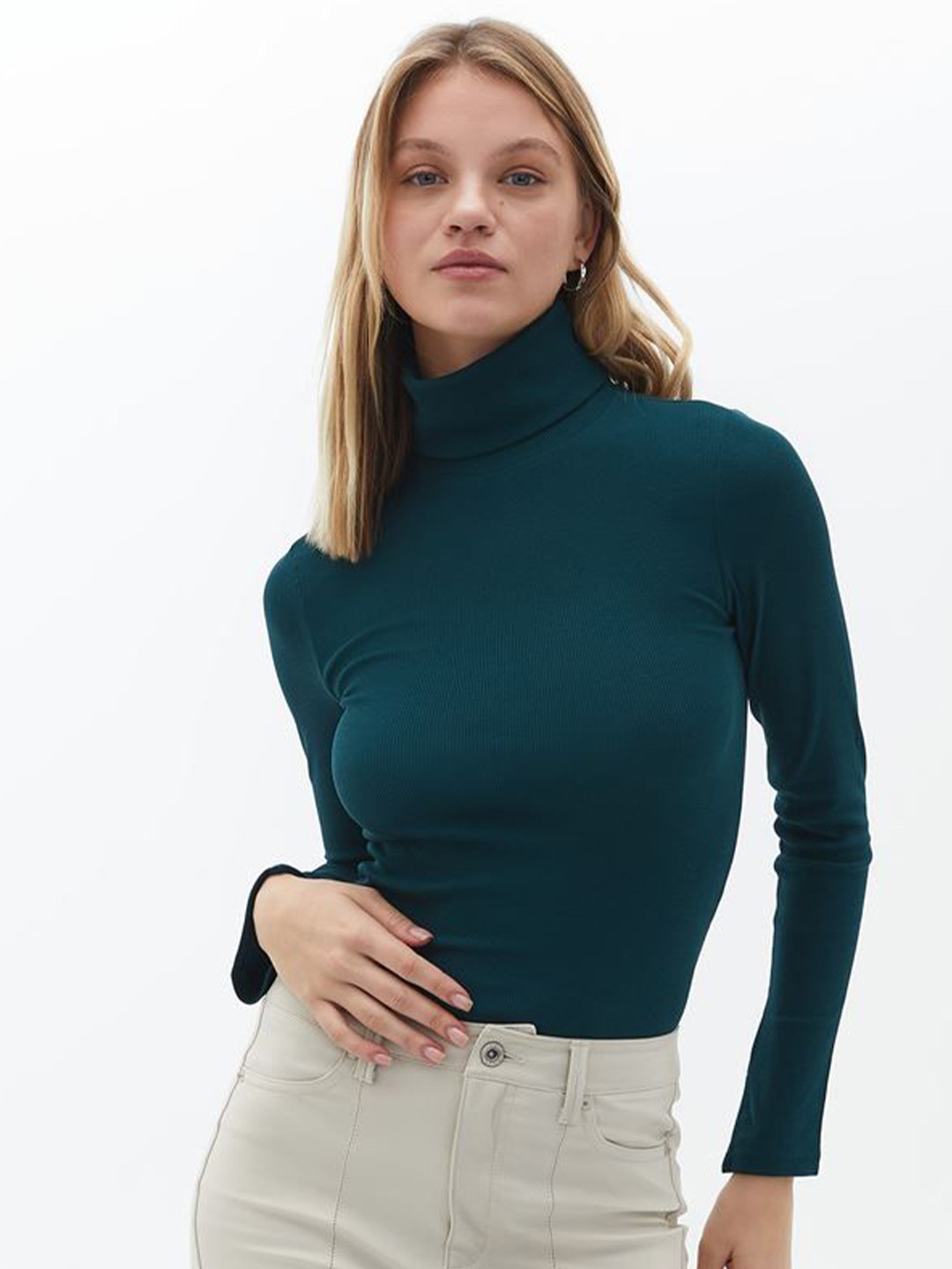 Colorchakra Women Teal High Neck Ribbed Cotton Top