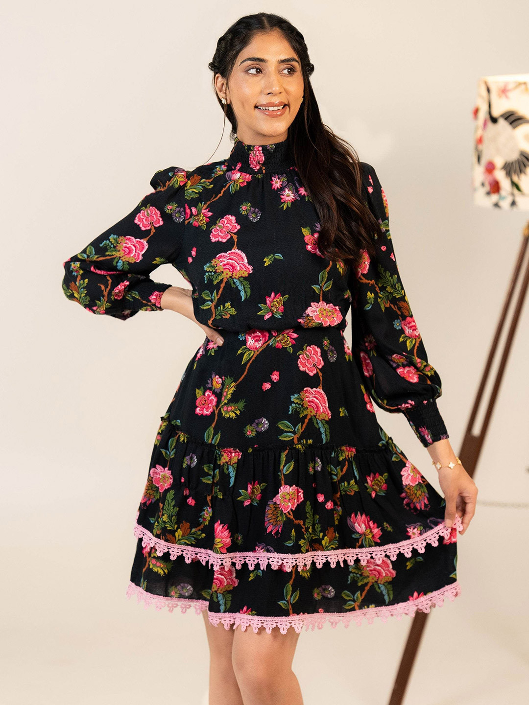 PRETTY PIXIE Floral Printed High Neck Puff Sleeve Cotton Blouson Dress