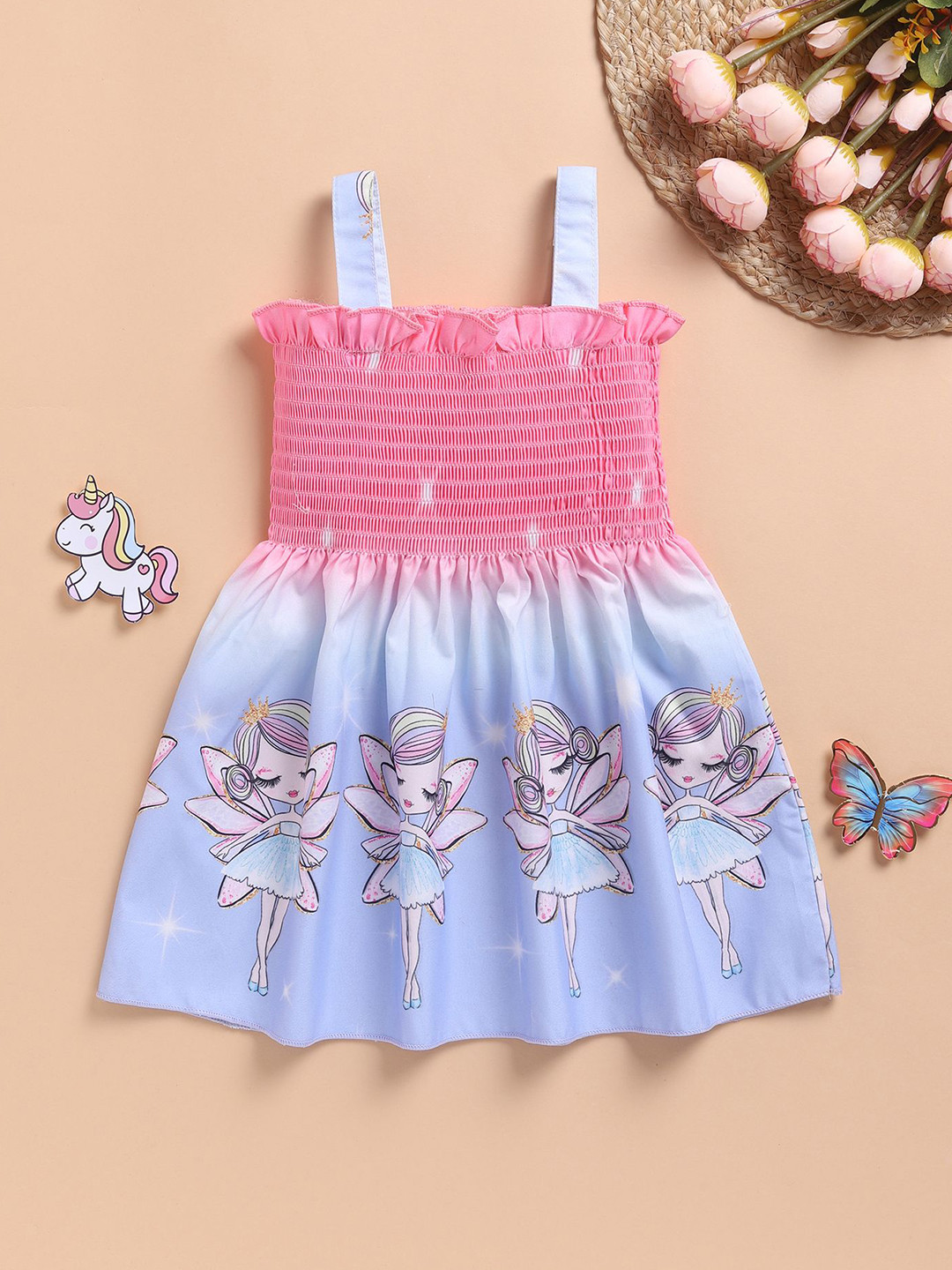 Toonyport Girls Graphic Printed Smocked Fit and Flare Knee Length Dress